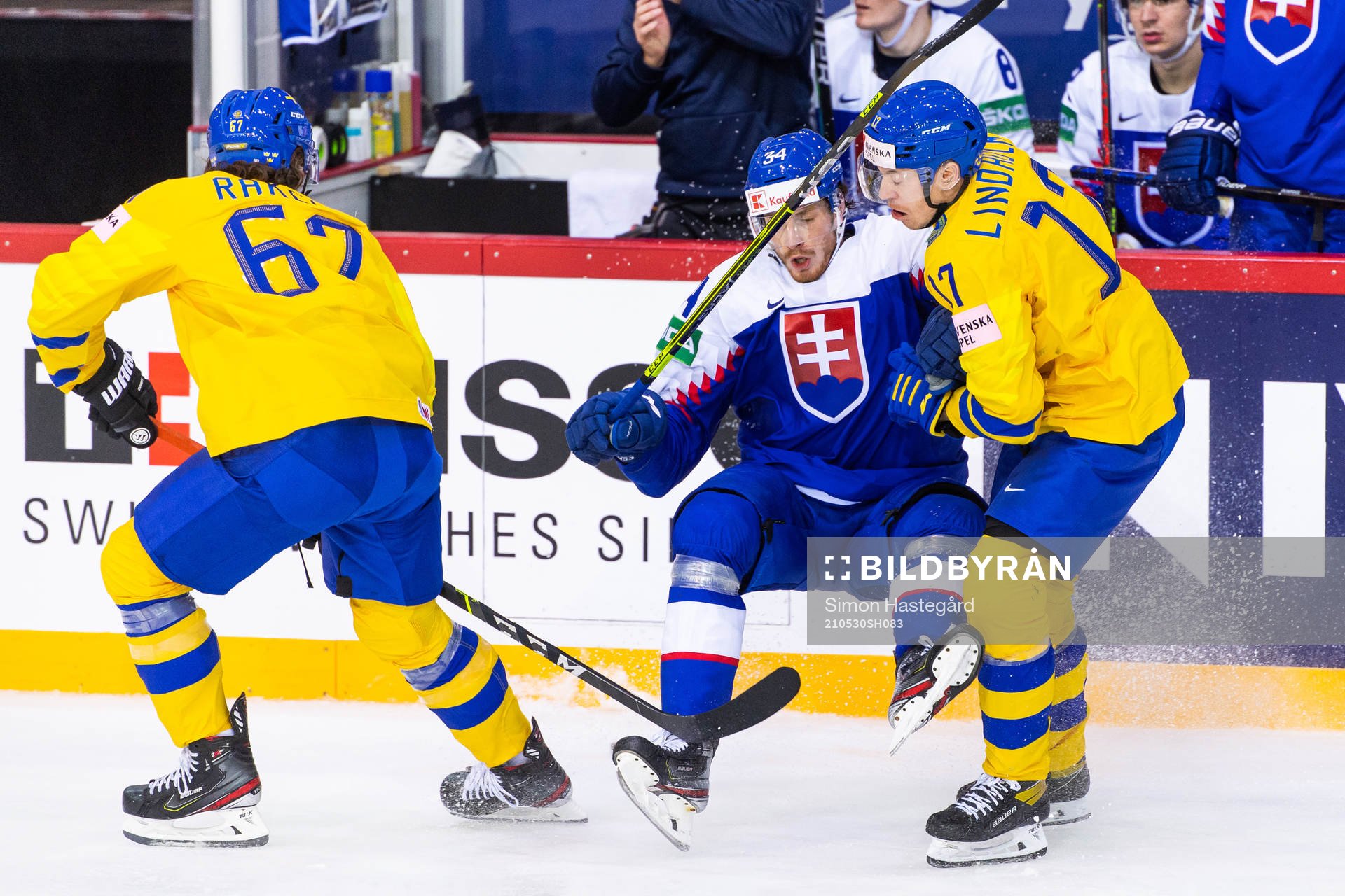 Rickard Rakell and Pär Lindholm of Sweden against Peter