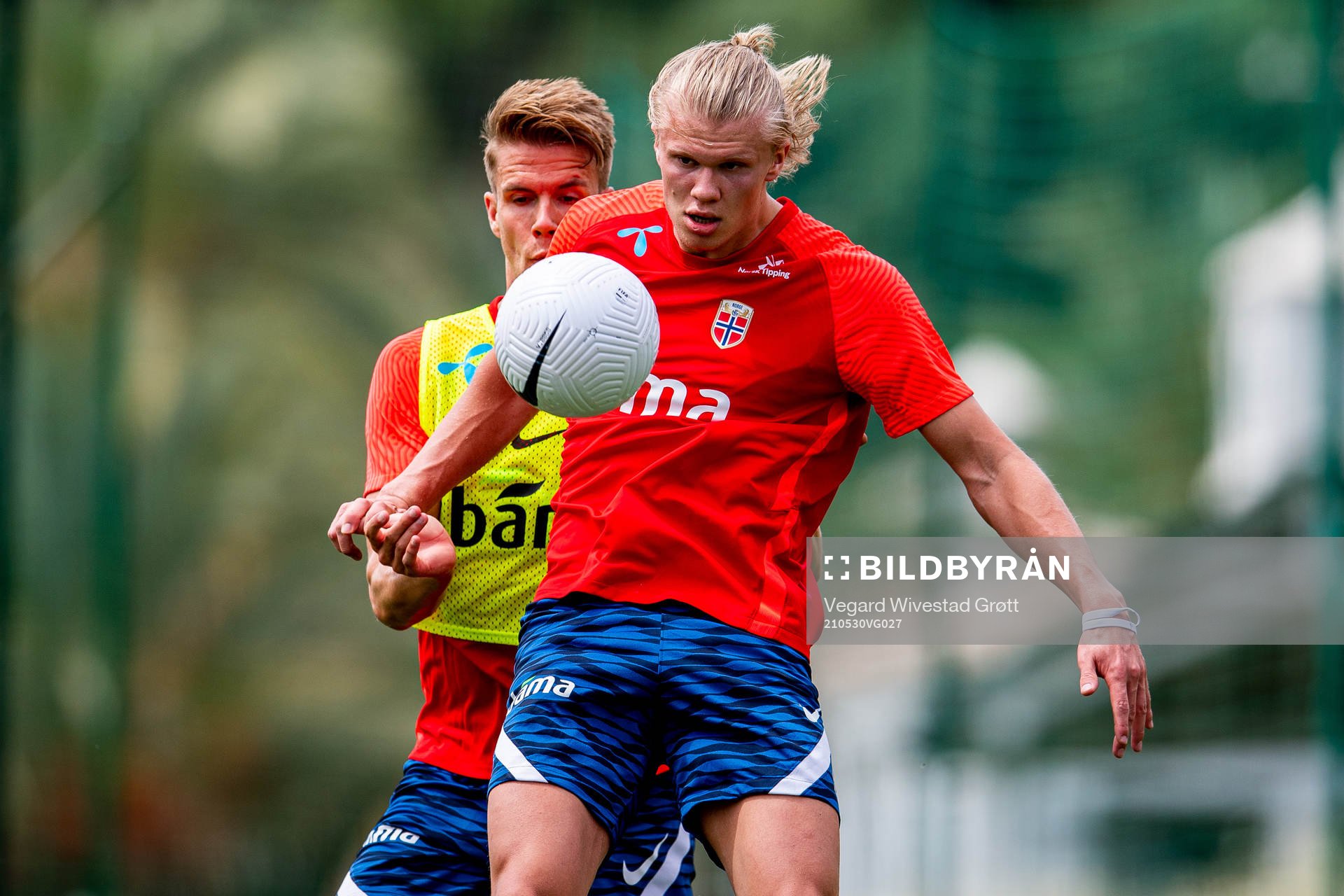 Kristoffer Ajer and Erling Braut Haaland of the Norwegian