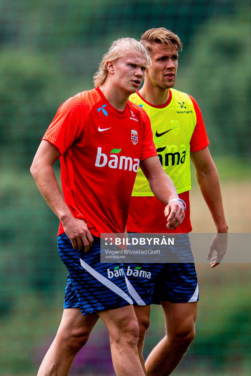 Erling Braut Haaland and Kristoffer Ajer of the Norwegian