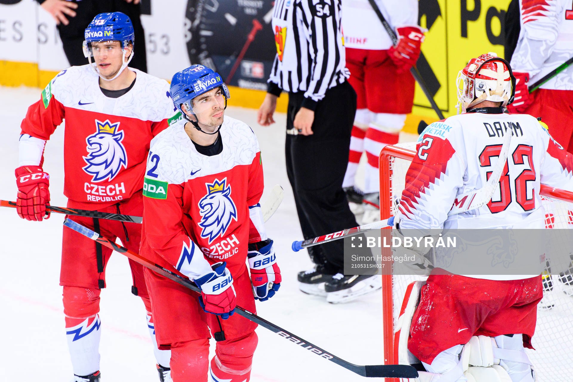 Jakub Vrana and Filip Chytil of Czech Republic greets