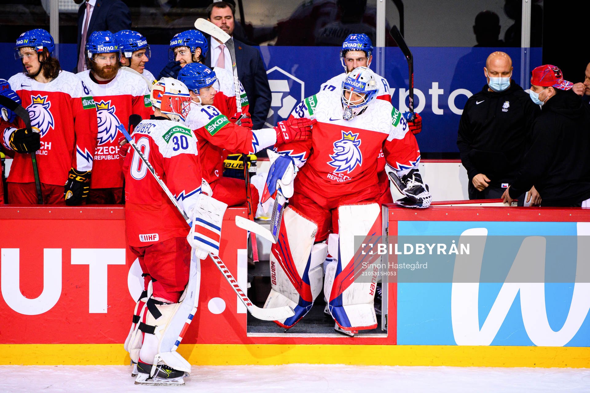 Goalkeepers Simon Hrubec and Roman Will of Czech Republic