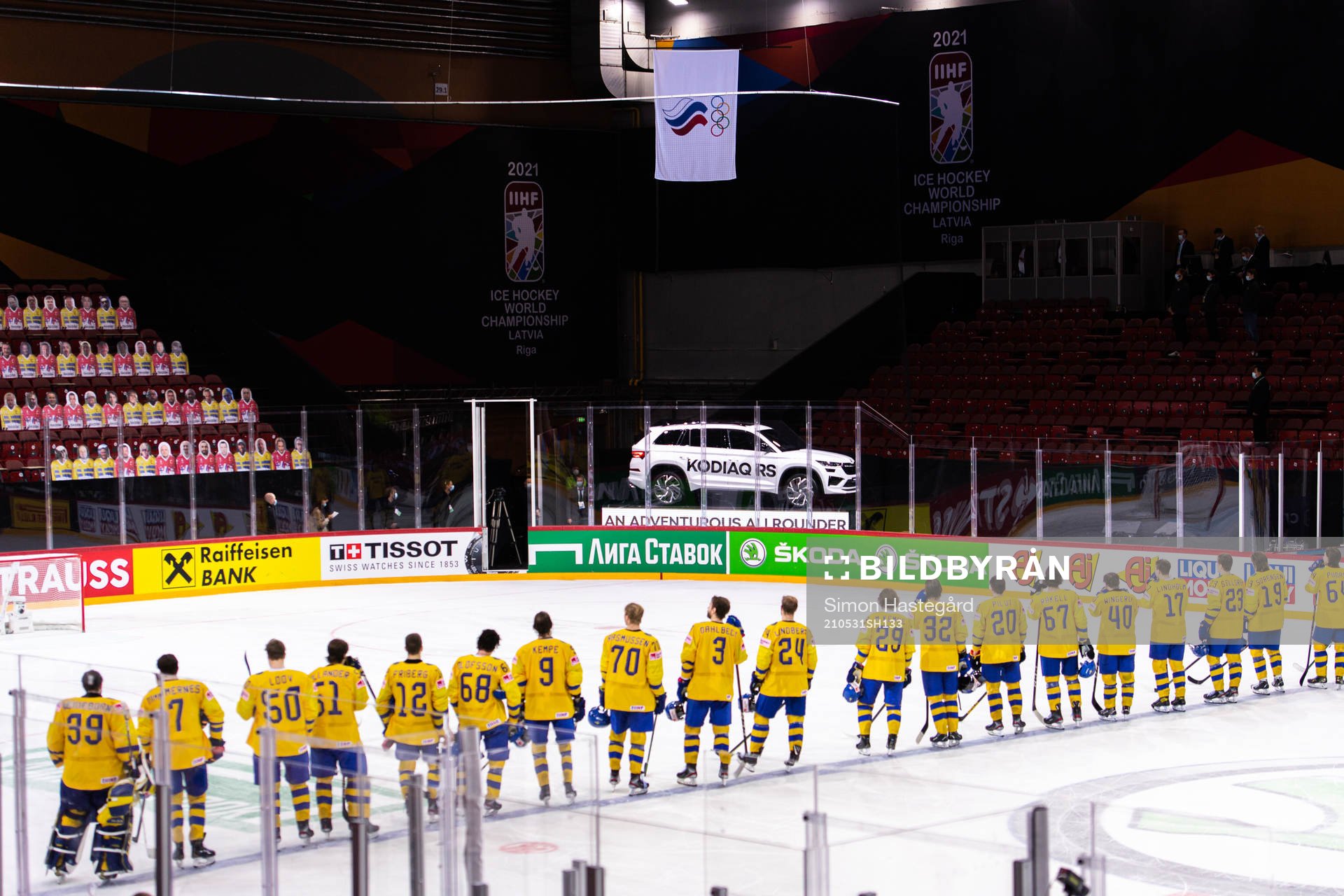 Players of Sweden see the flag of ROC