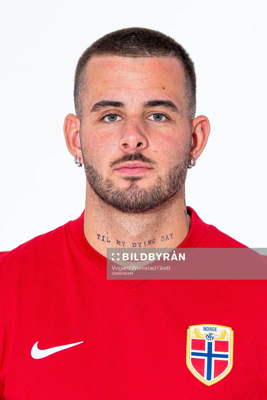 Aron Dønnum of the Norwegian national football team poses