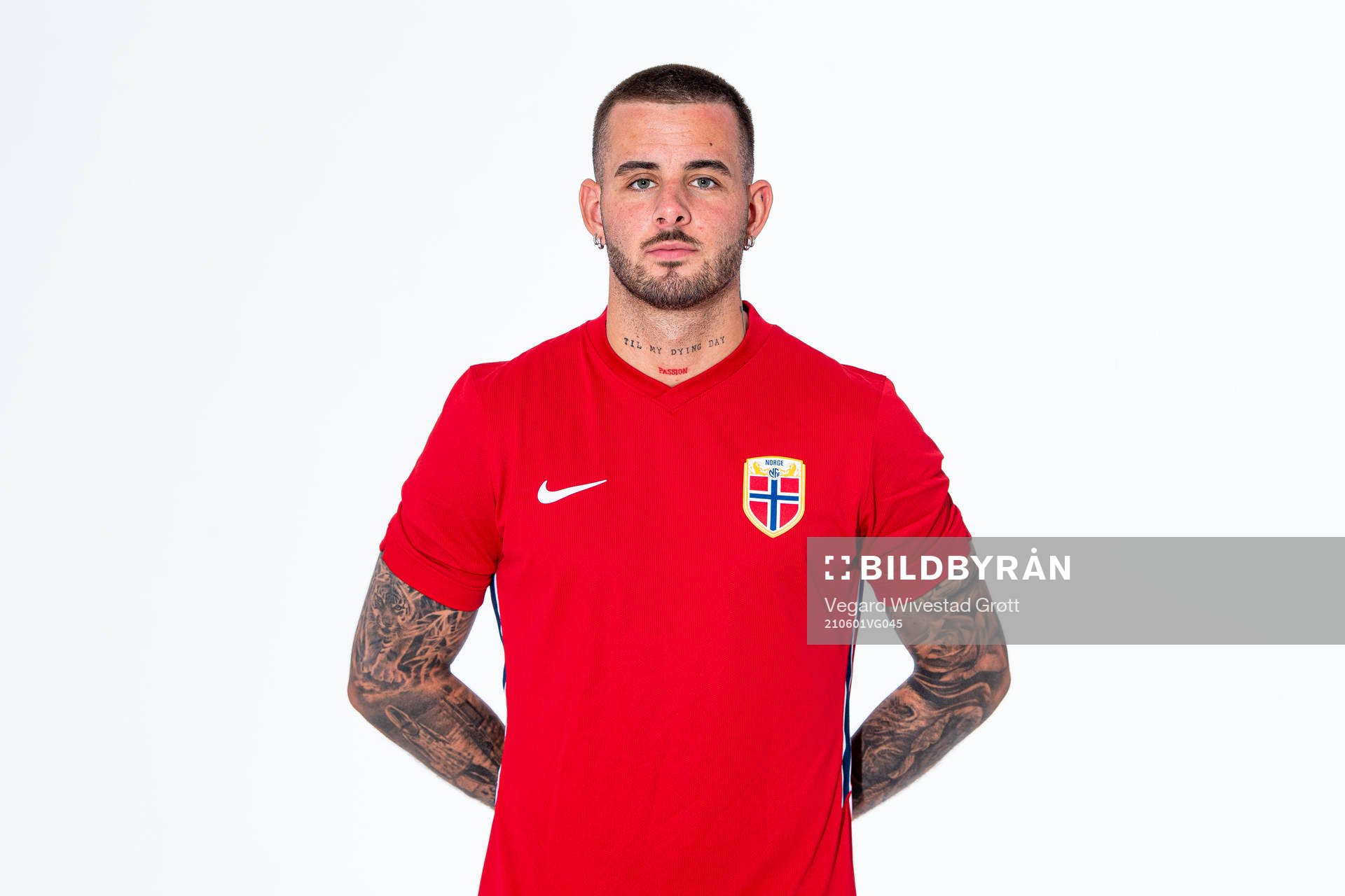 Aron Dønnum of the Norwegian national football team poses