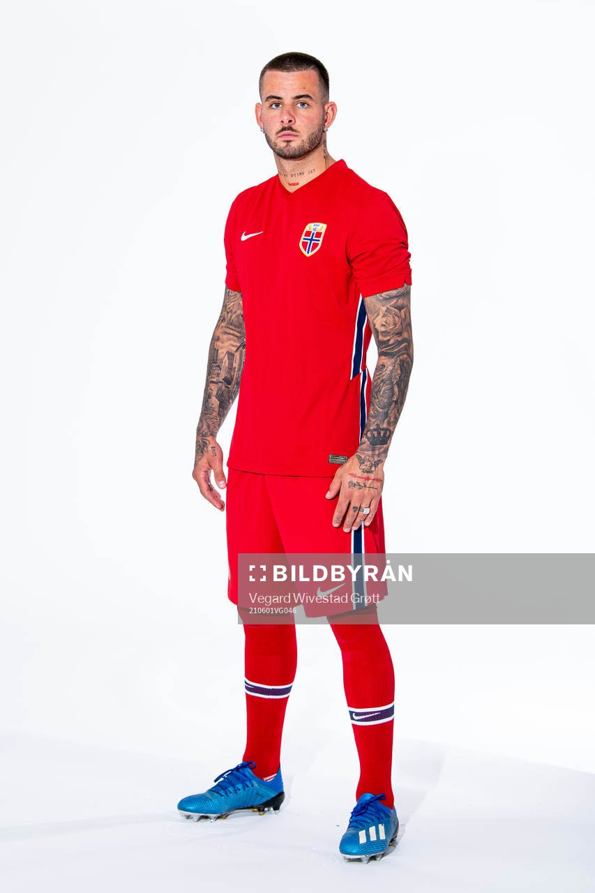 Aron Dønnum of the Norwegian national football team poses