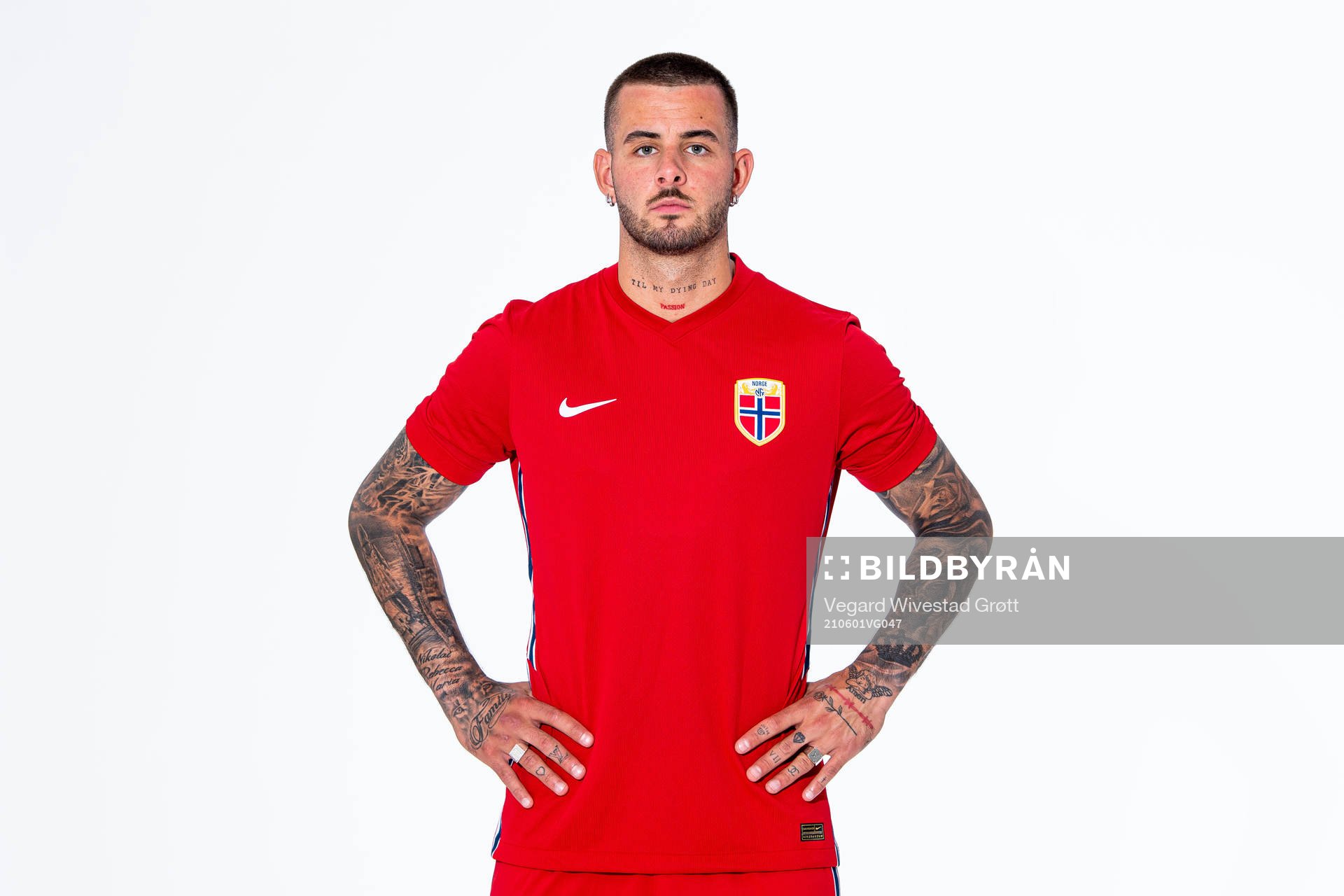 Aron Dønnum of the Norwegian national football team poses
