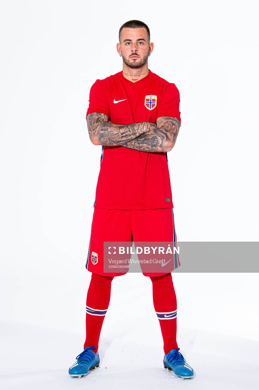Aron Dønnum of the Norwegian national football team poses