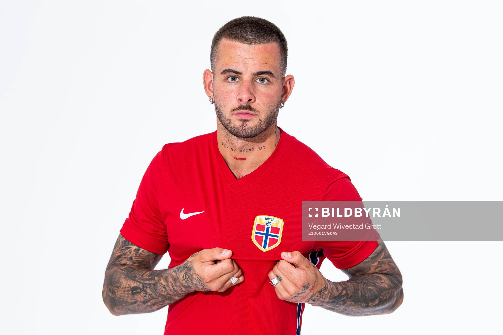 Aron Dønnum of the Norwegian national football team poses