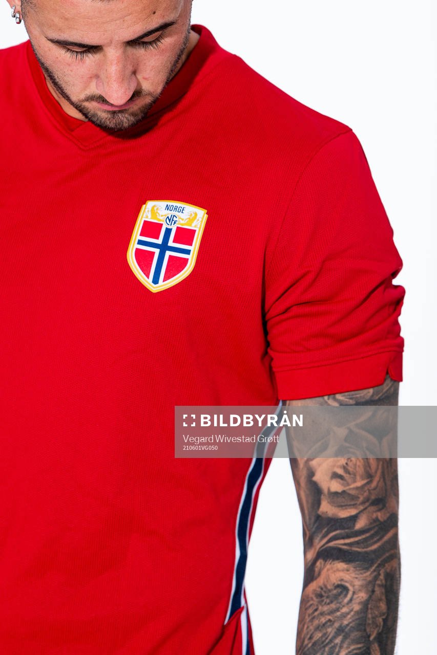 Aron Dønnum of the Norwegian national football team poses