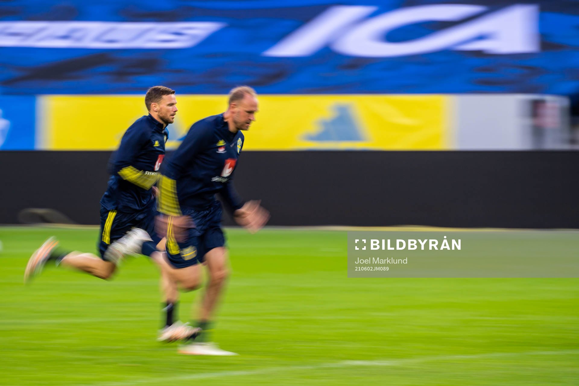 Marcus Berg and Andreas Granqvist  of the Swedish national football team during a training session on June 2, 2021 in Stockholm. 