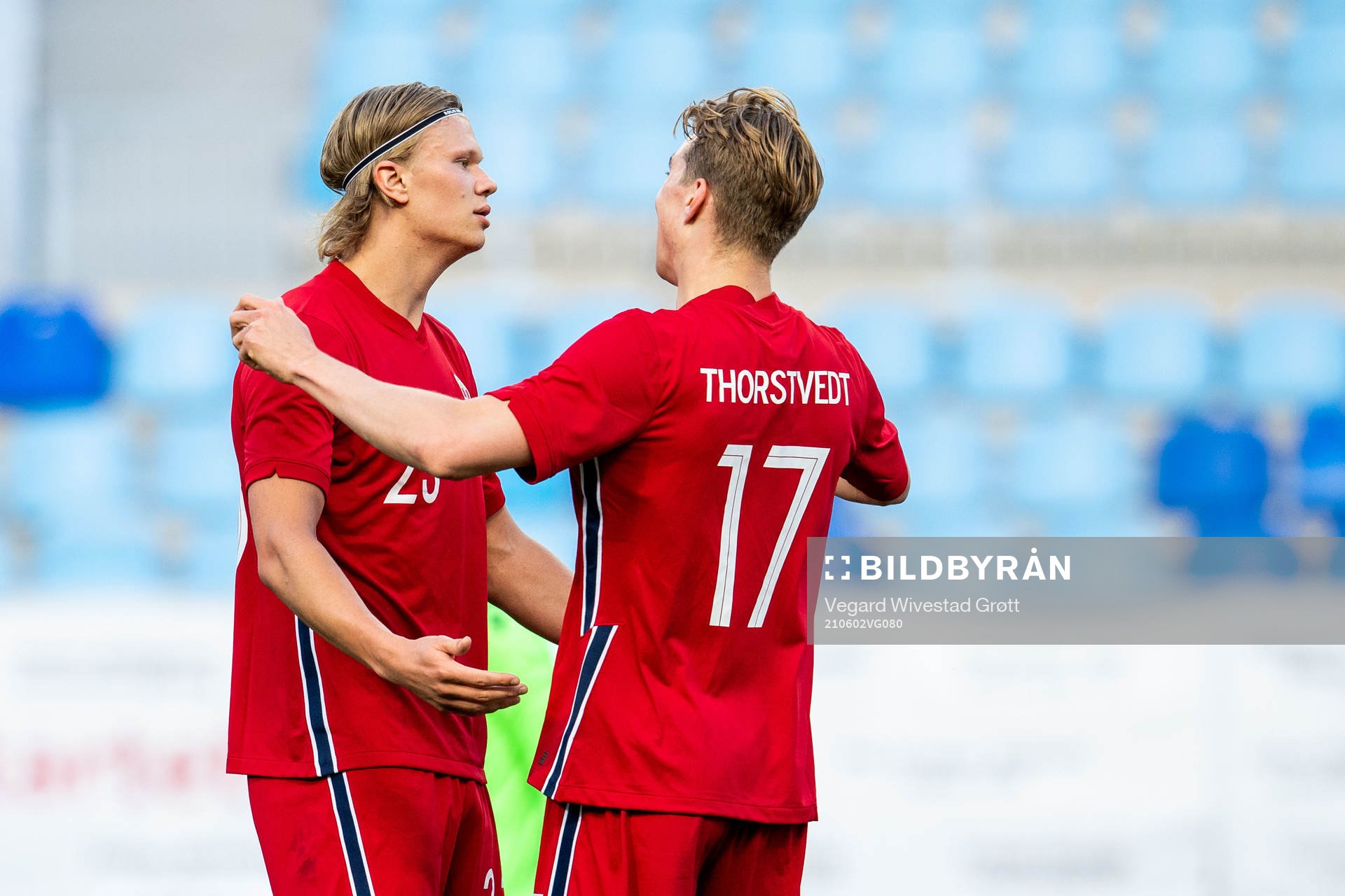 Erling Braut Haaland of Norway celebrates with teammate