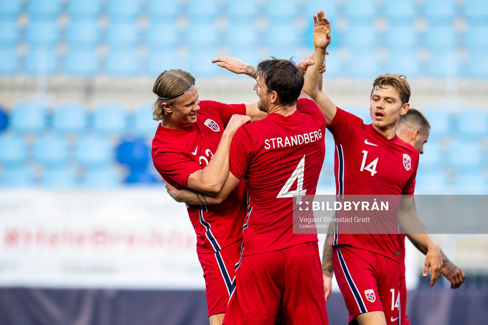 Erling Braut Haaland of Norway celebrates with teammates Stefan Strandberg and Julian Ryerson after scoring 1-0 during the international friendly football match between Norway and Luxembourg on June 2, 2021 in Malaga.