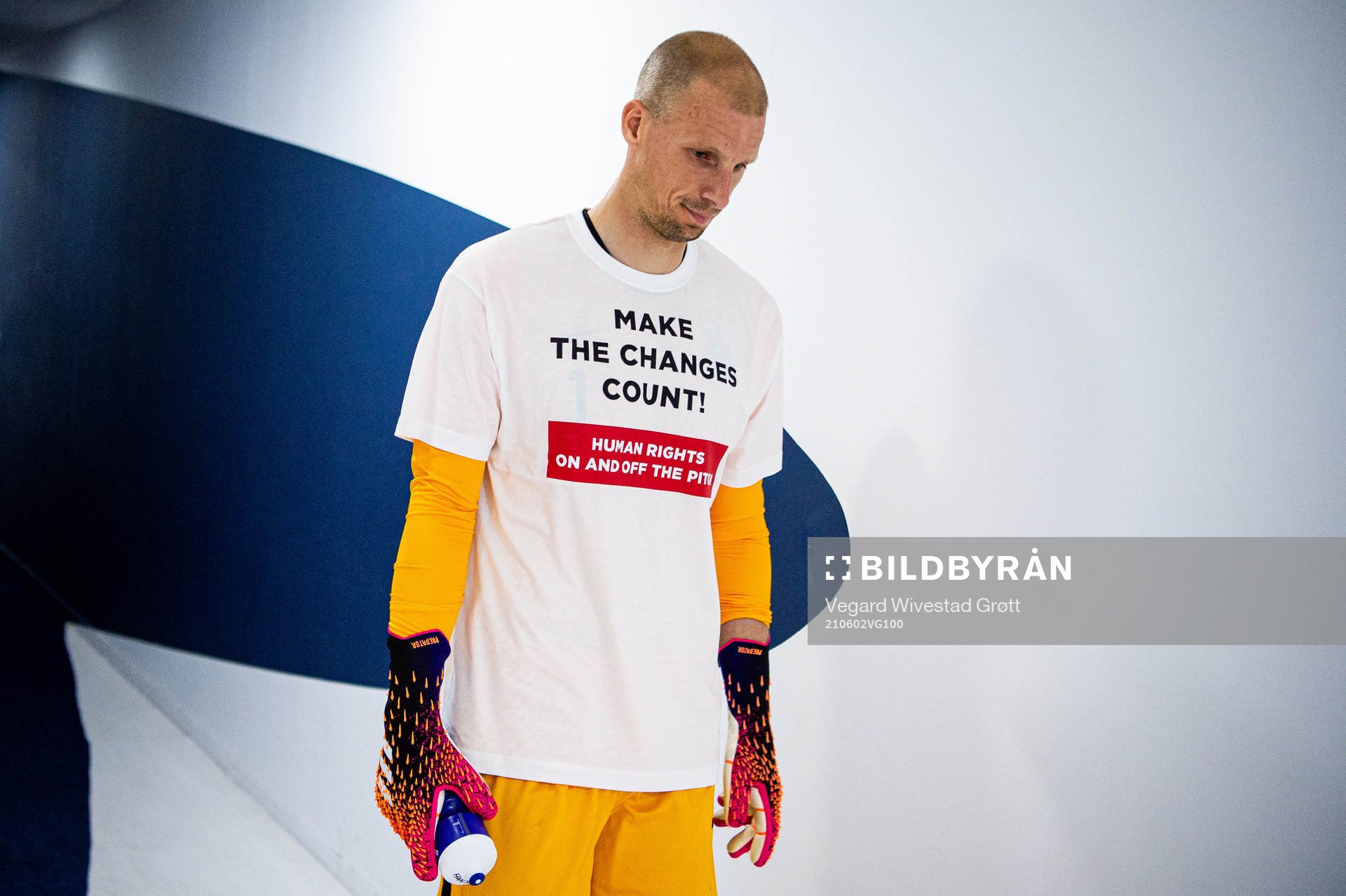 Goalkeeper André Hansen of Norway wearing a t-shirt with