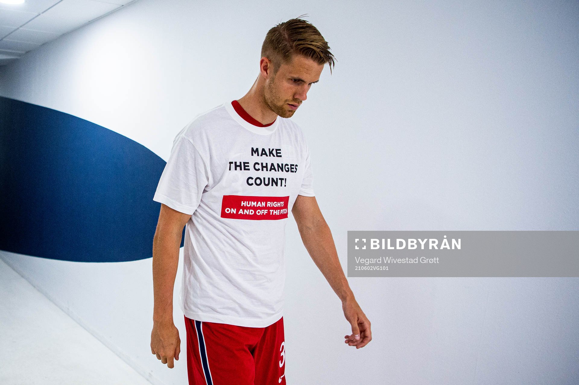 Kristoffer Ajer of Norway wearing a t-shirt with the