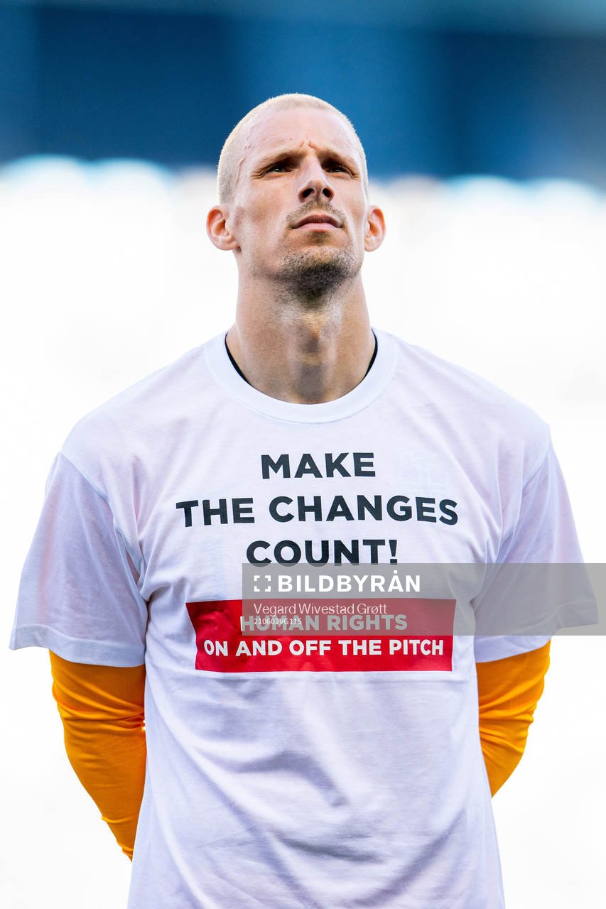 Goalkeeper André Hansen of Norway wearing a t-shirt with