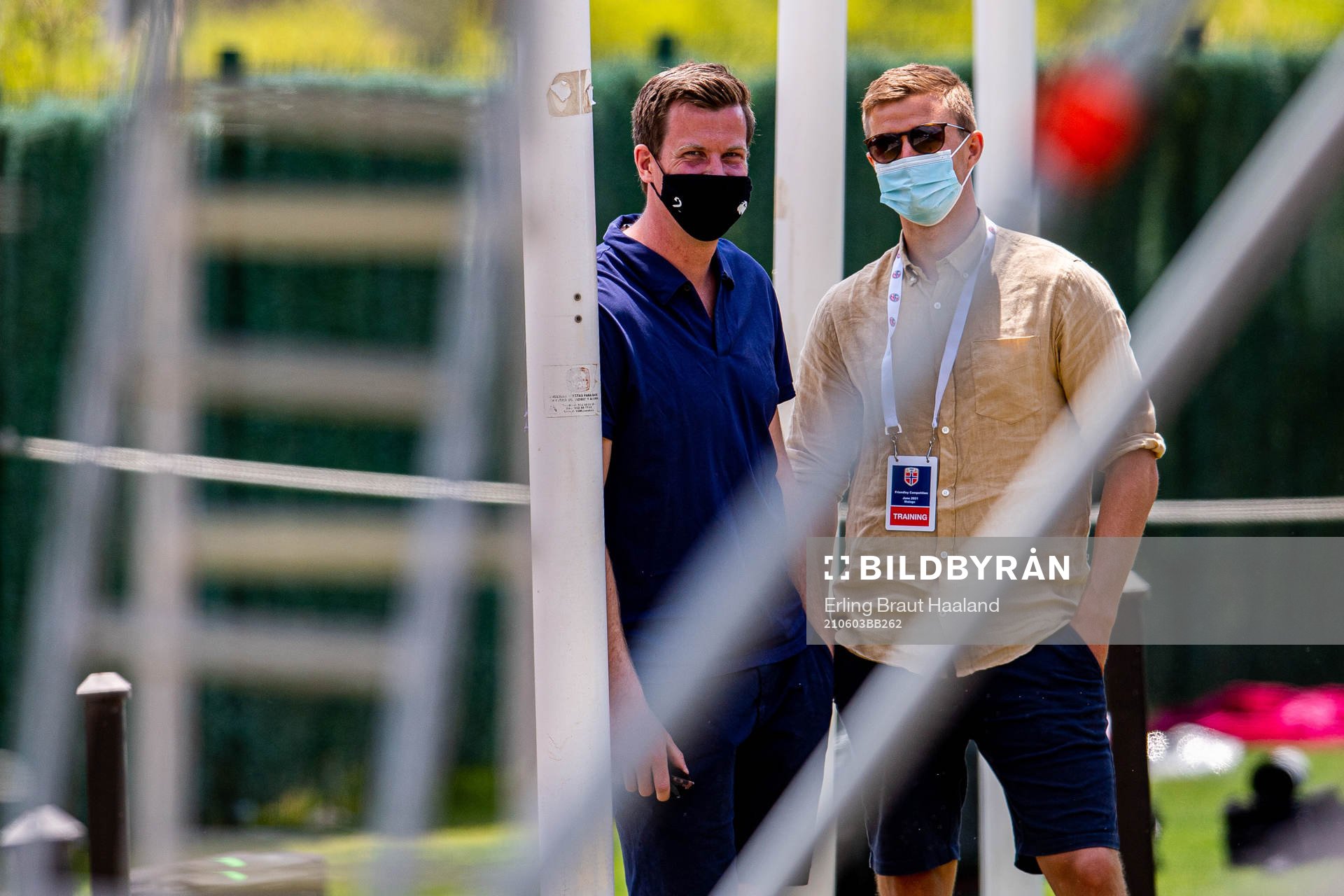 Jesper Mathisen and Eirik Nesset Hjelvik of TV 2 during a training session with the Norwegian national football team on June 3, 2021 in Marbella. 