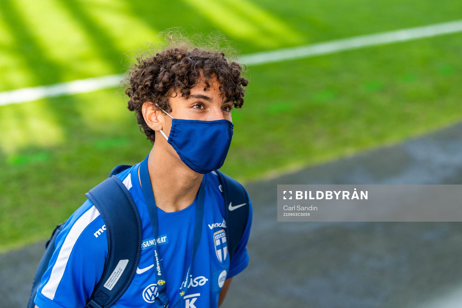 Robin Tihi of Finland is interviewed after the under-21 international friendly football match between Sweden and Finland on June 3, 2021 in Falkenberg.