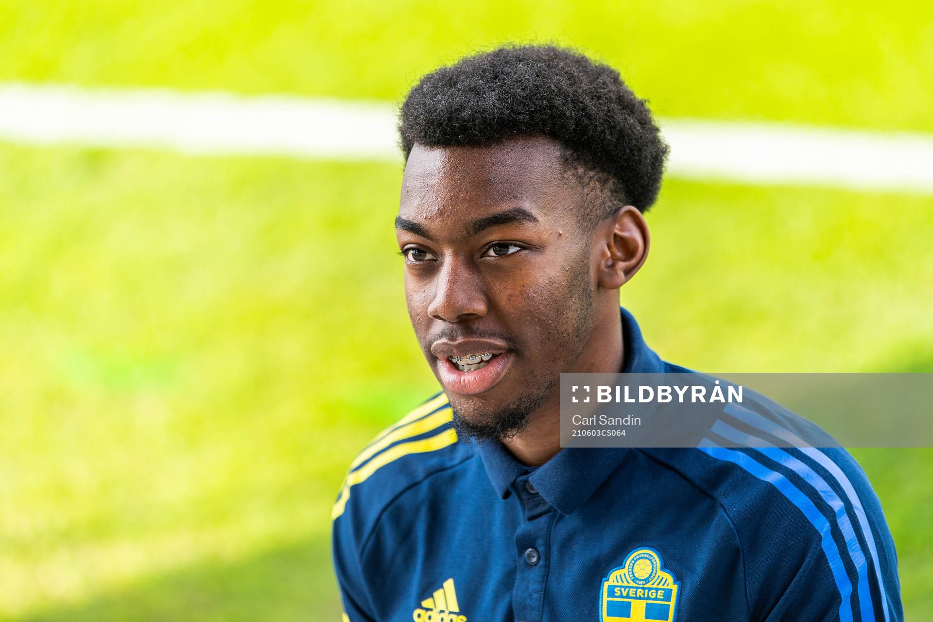 Anthony Elanga of Sweden is interviewed after the under-21 international friendly football match between Sweden and Finland on June 3, 2021 in Falkenberg.