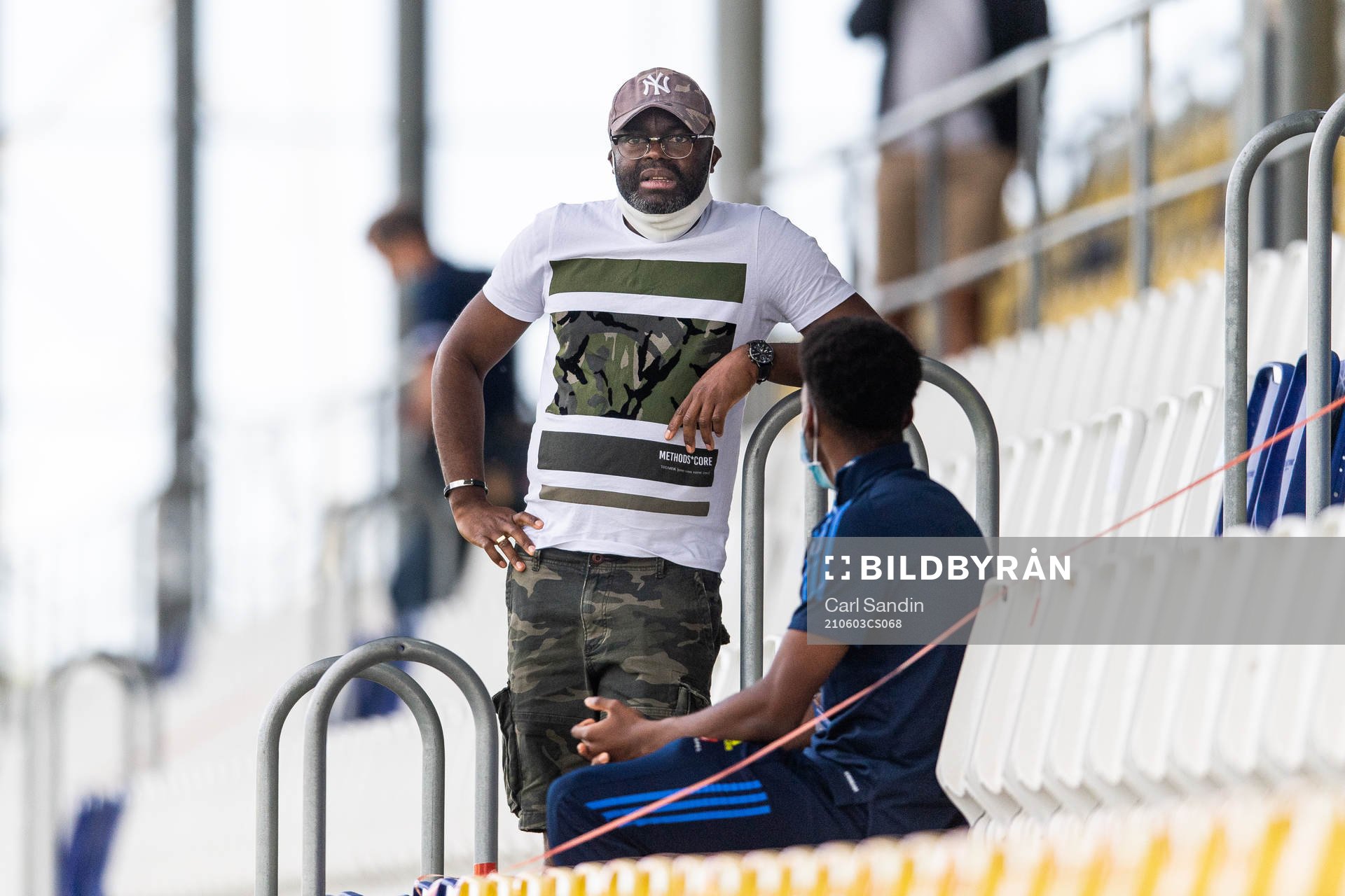 Joseph Elanga and his son Anthony Elanga of Sweden in the stands after the under-21 international friendly football match between Sweden and Finland on June 3, 2021 in Falkenberg.