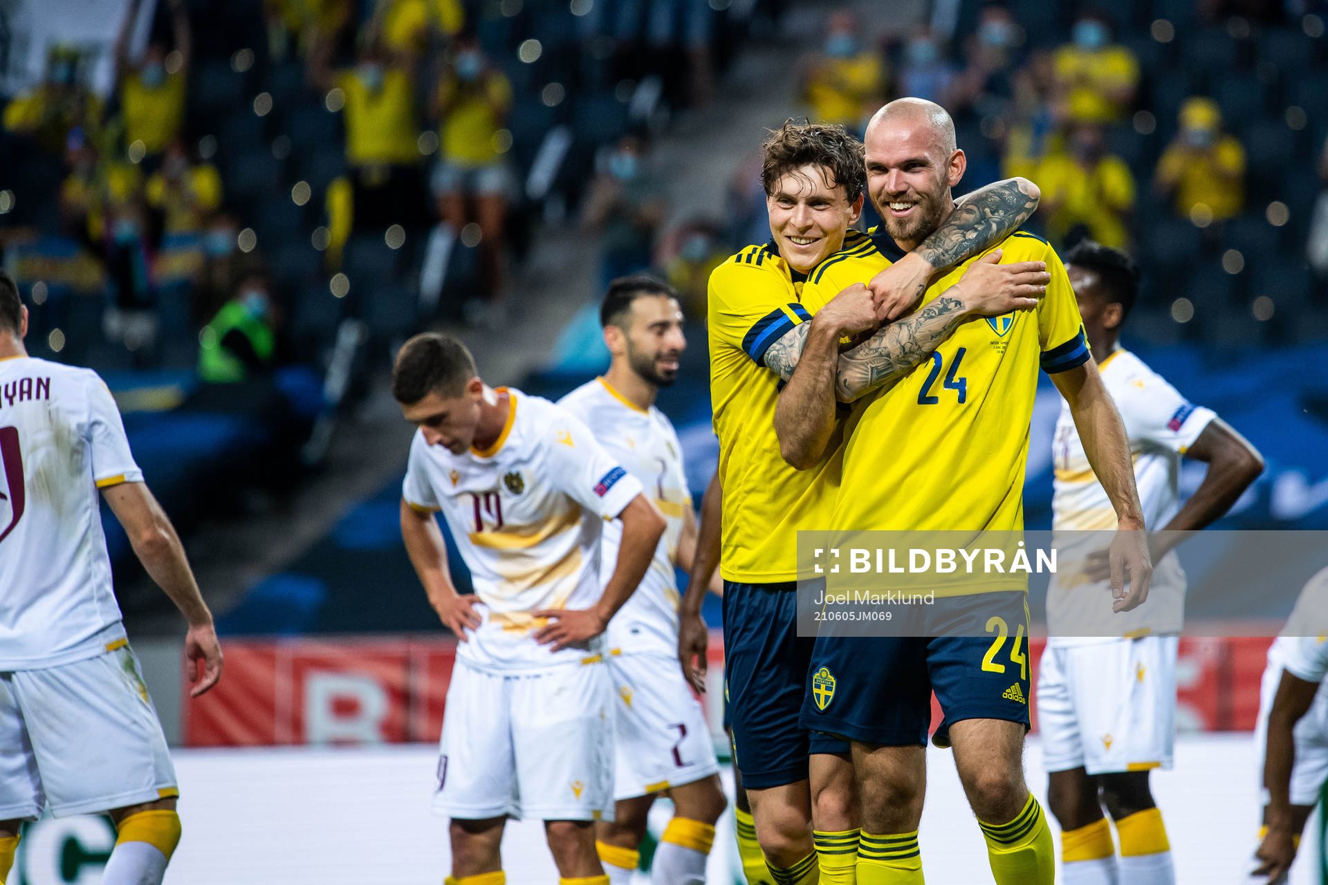 Victor Nilsson Lindelöf of Sweden and Marcus Danielson of Sweden celebrates 2-0 during the international friendly football match between Sweden and Armenia on June 5, 2021 in Stockholm.