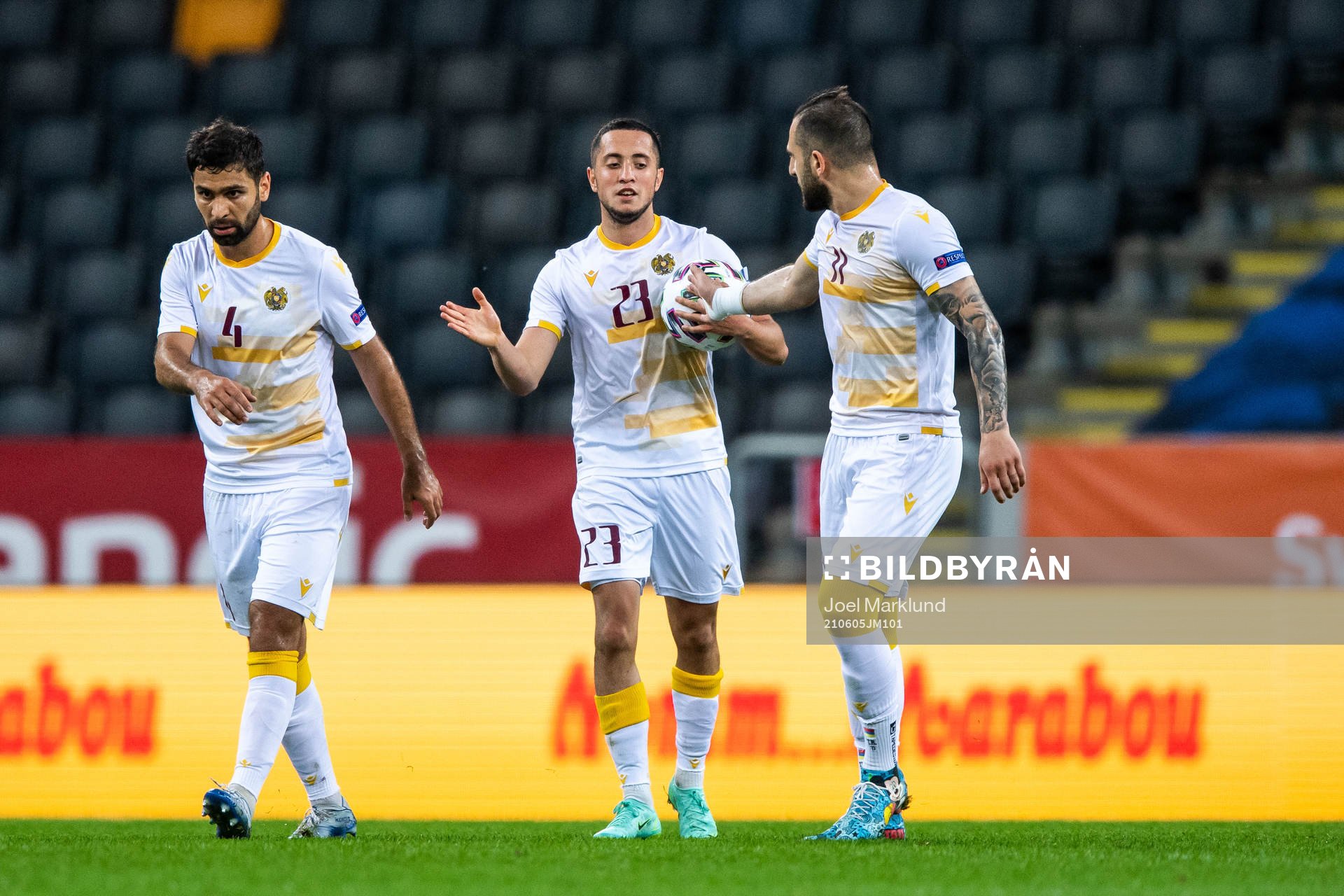 Taron Voskanyan, Vahan Bichakhcyan and Tigran Barseghyan of Armenia celebrates 2-1 during the international friendly football match between Sweden and Armenia on June 5, 2021 in Stockholm.
