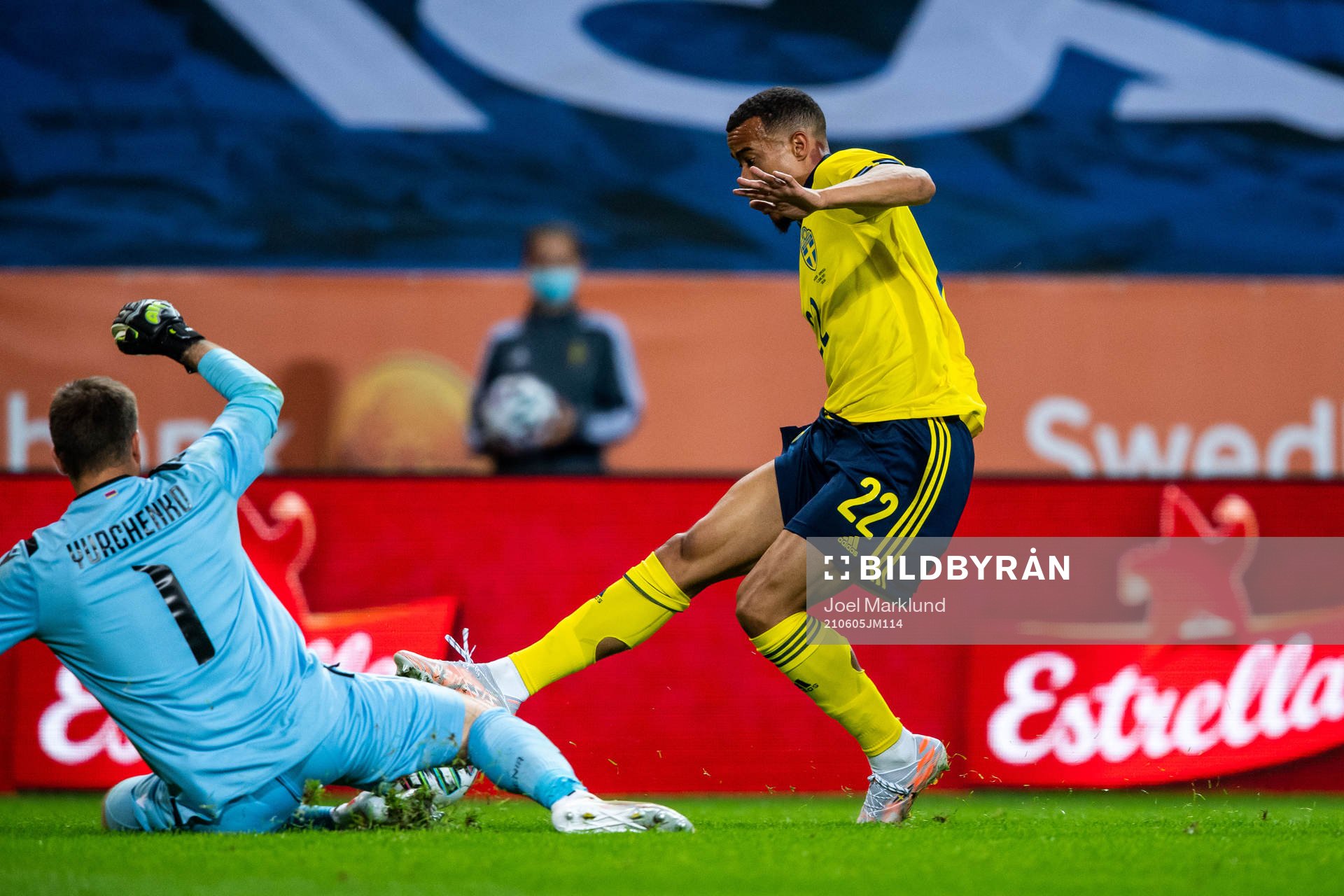 Goalkeeper Davit Yurchenko of Armenia and Robin Quaison