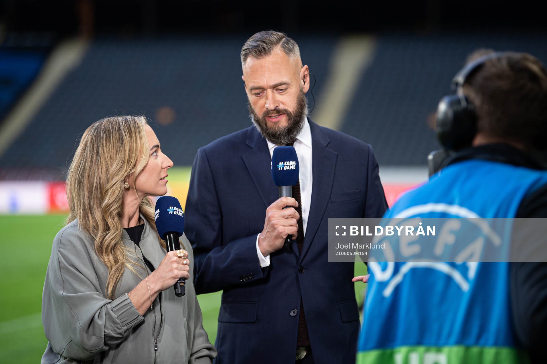 Frida Nordstrand and Olof Lundh of TV4 Cmore during the international friendly football match between Sweden and Armenia on June 5, 2021 in Stockholm.