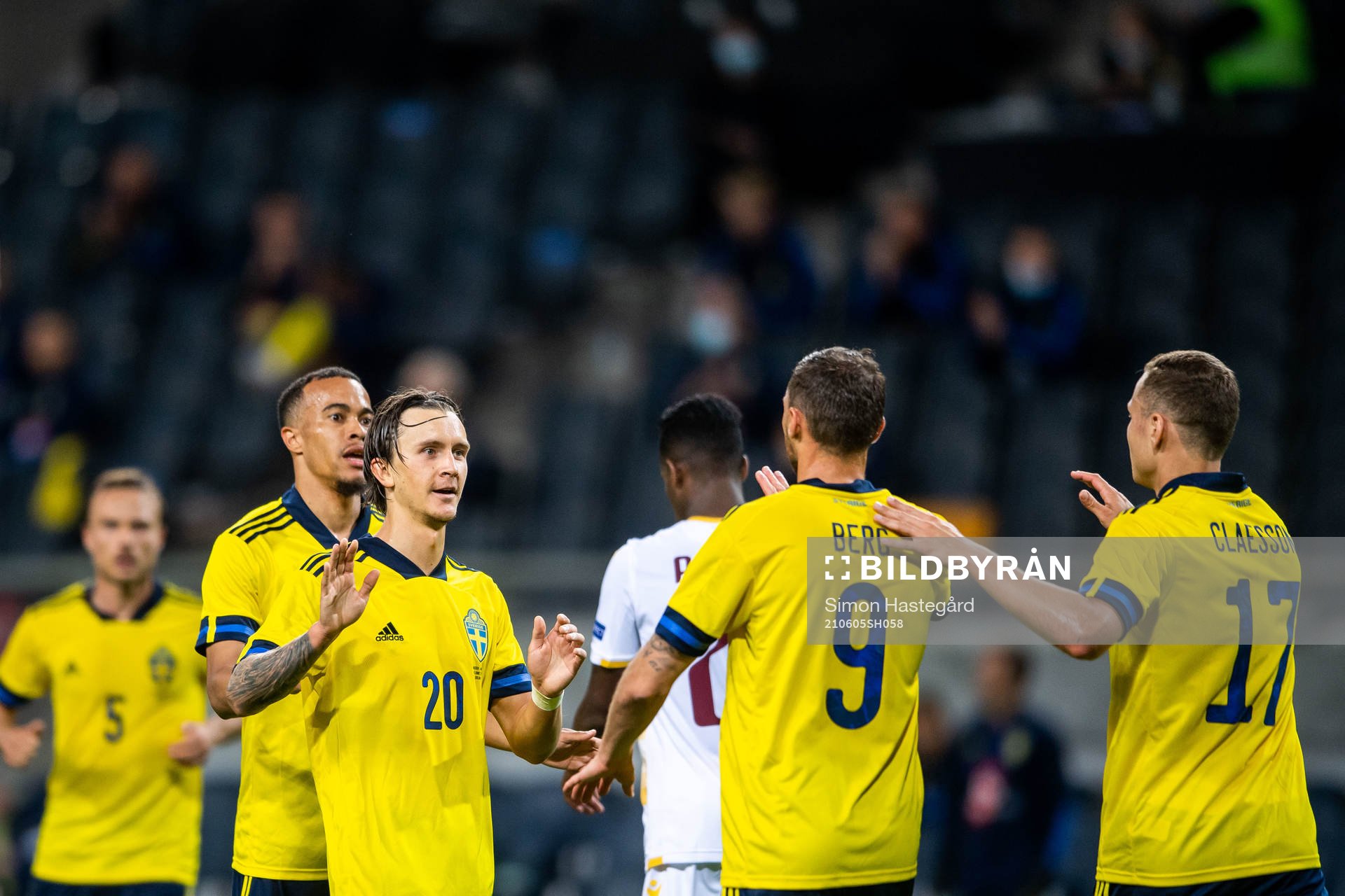 Kristoffer Olsson, Robin Quaison and Marcus Berg celebrates