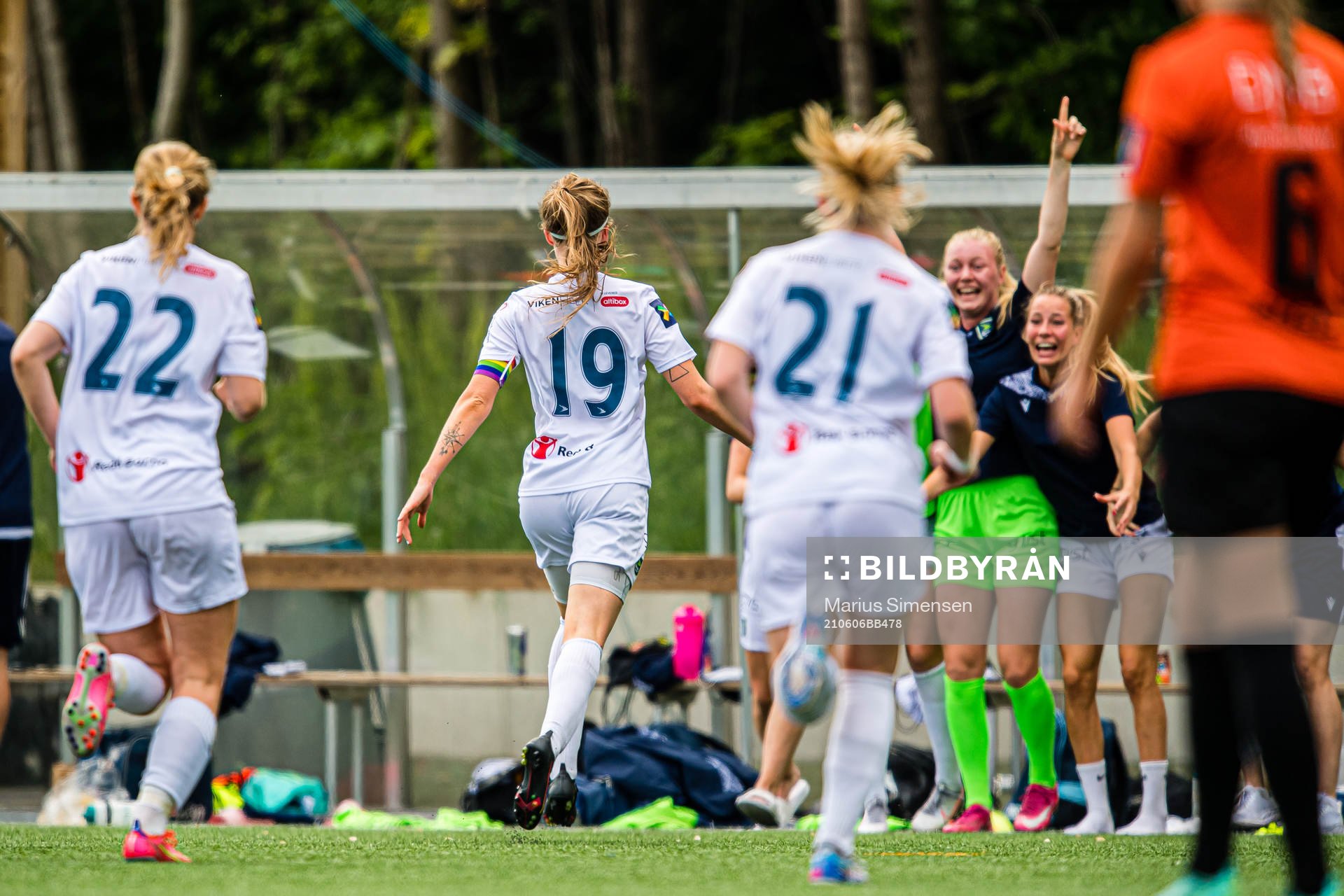 Andrea Anderdal of Øvrevoll Hosle celebrates after scoring the 1-0 goal during the 1. divison football match between Øvrevoll Hosle and Åsane on June 6, 2021 in Bærum.
