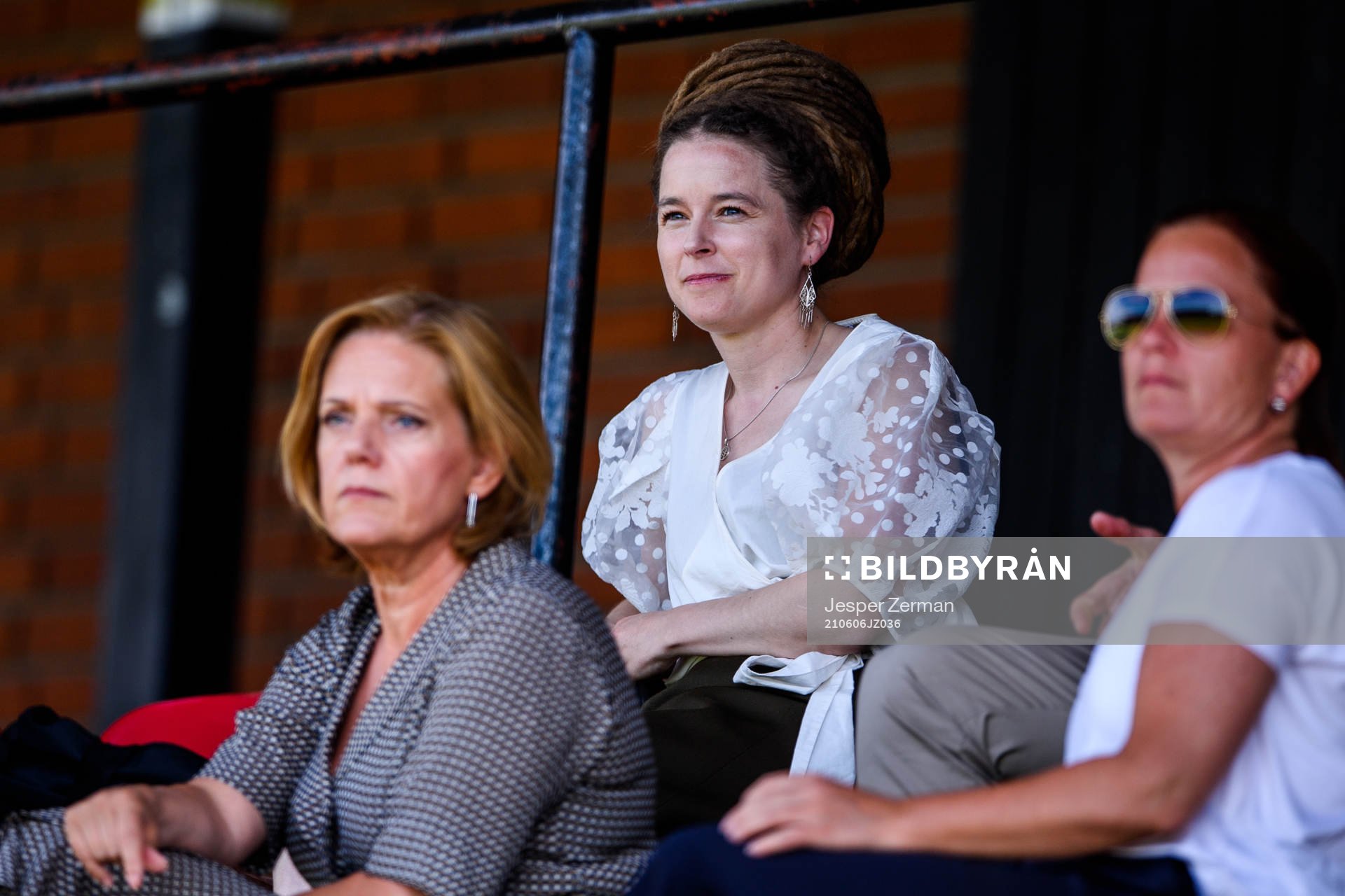 Idrotts- och kulturminister Amanda Lind under fotbollsmatchen i Elitettan mellan Brommapojkarna och Uppsala den 6 juni 2021 i Stockholm. 