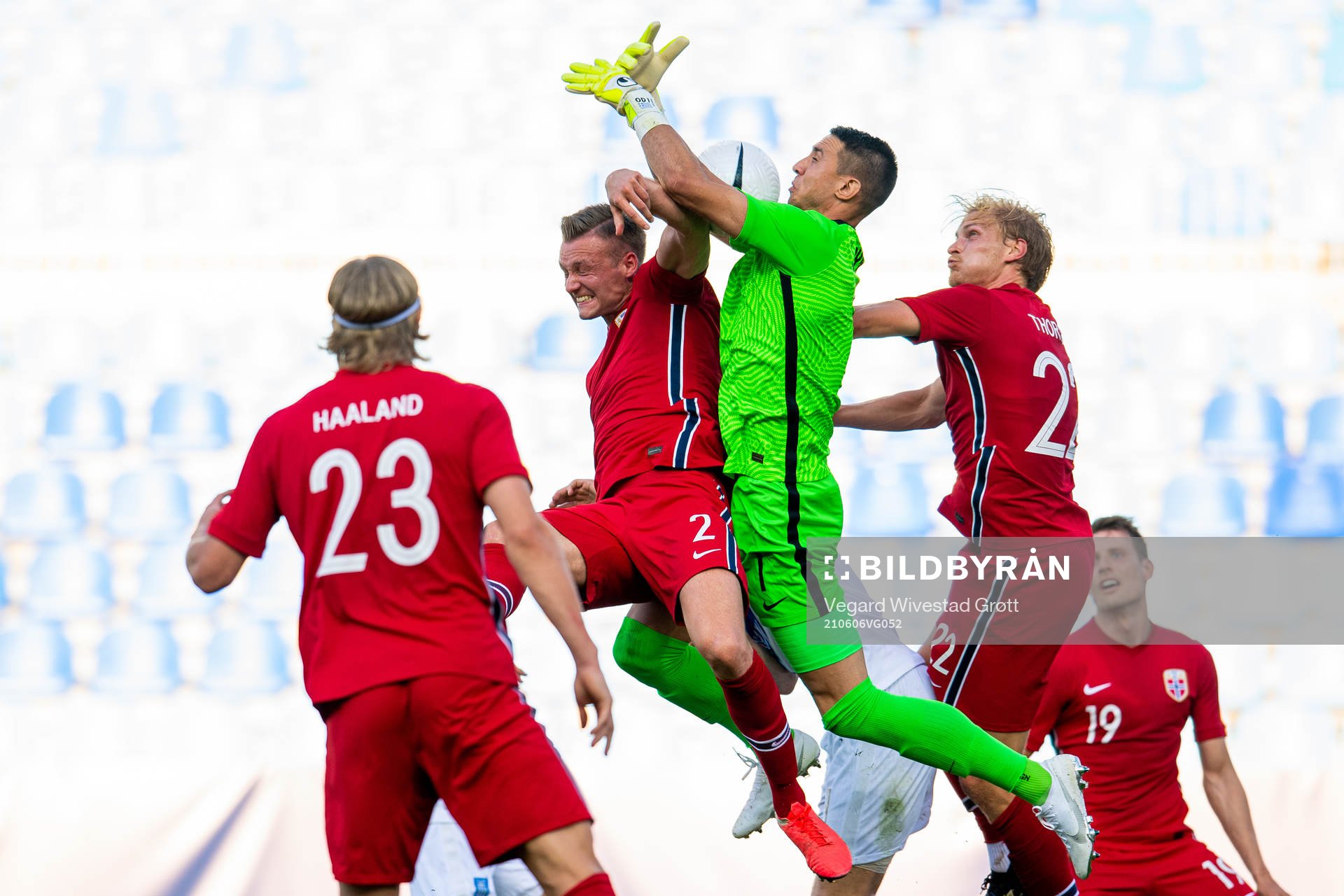 Stian Gregersen of Norway and goalkeeper Odisseas