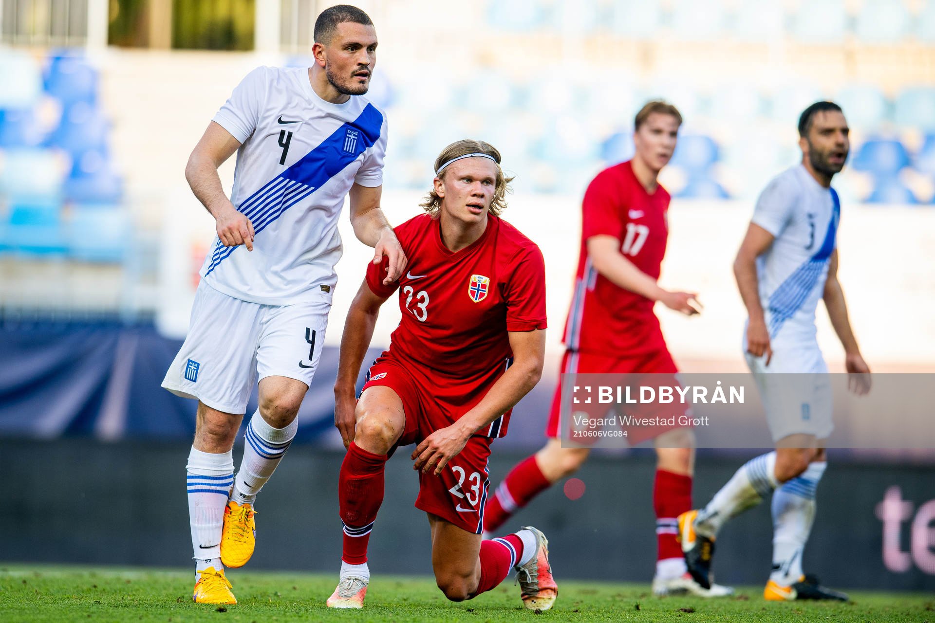 Kyriakos Papadopoulos of Greece and Erling Braut Haaland of Norway during the international friendly football match between Norway and Greece on June 6, 2021 in Malaga.