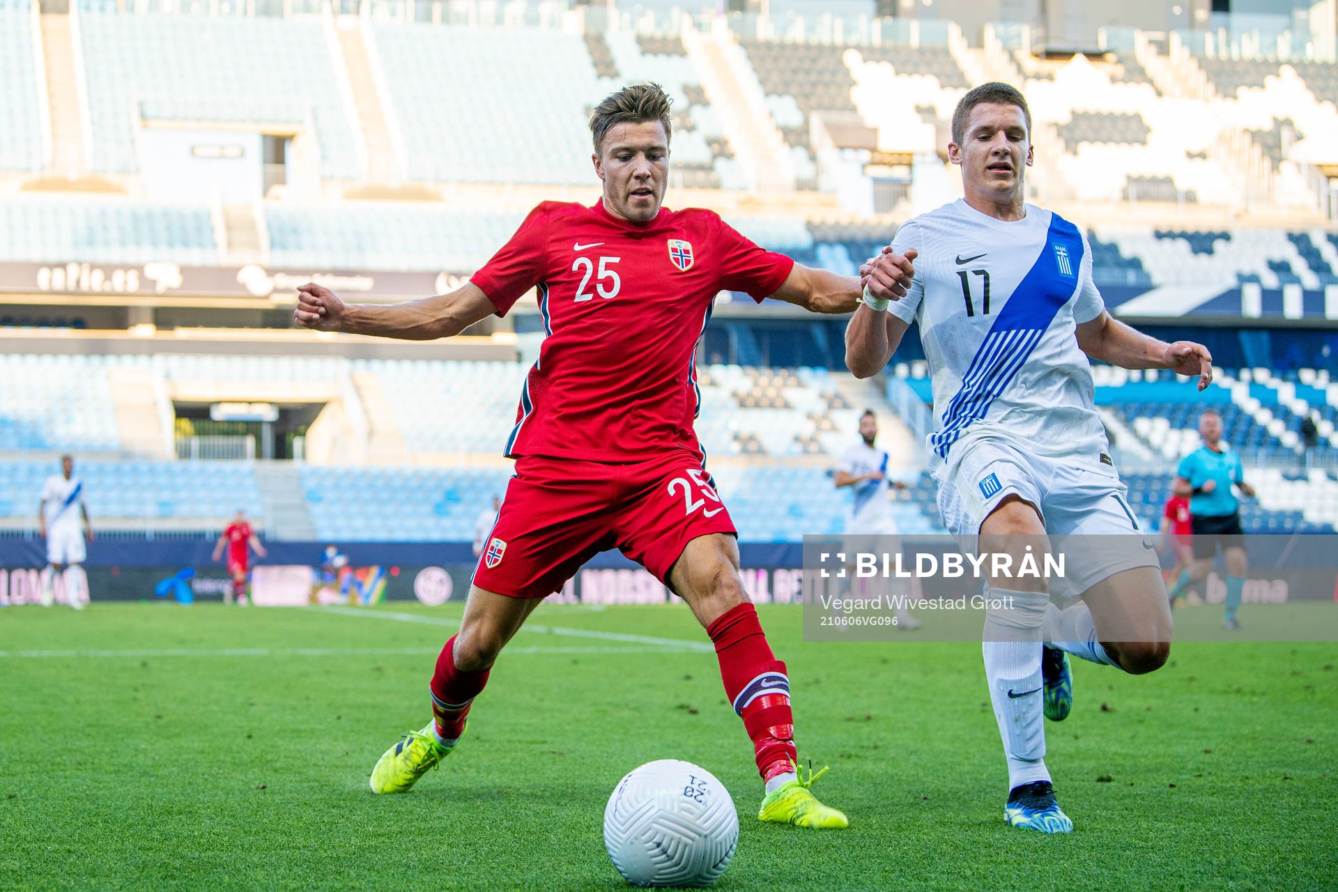 Fredrik André Bjørkan of Norway and Christos Tzolis of Greece during the international friendly football match between Norway and Greece on June 6, 2021 in Malaga.