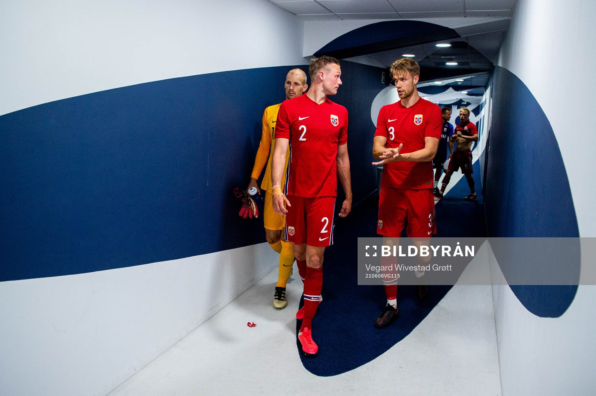 Stian Gregersen and Kristoffer Ajer of Norway at half-time