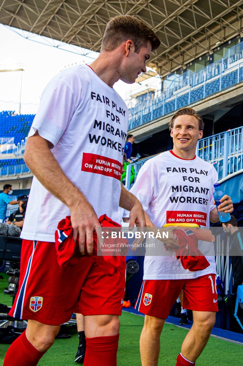 Alexander Sørloth and Jonas Svensson of Norway wearing a