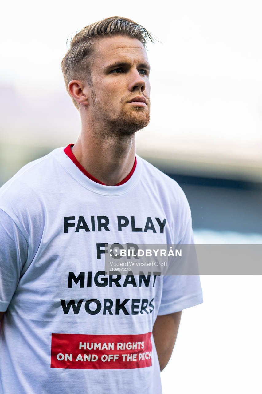 Kristoffer Ajer of Norway wearing a t-shirt with the