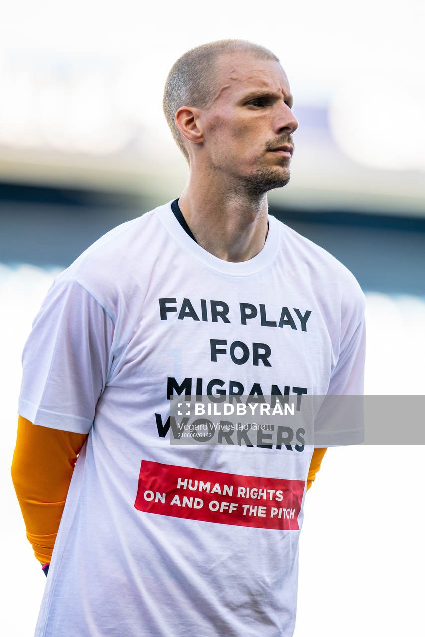 Goalkeeper André Hansen of Norway wearing a t-shirt with
