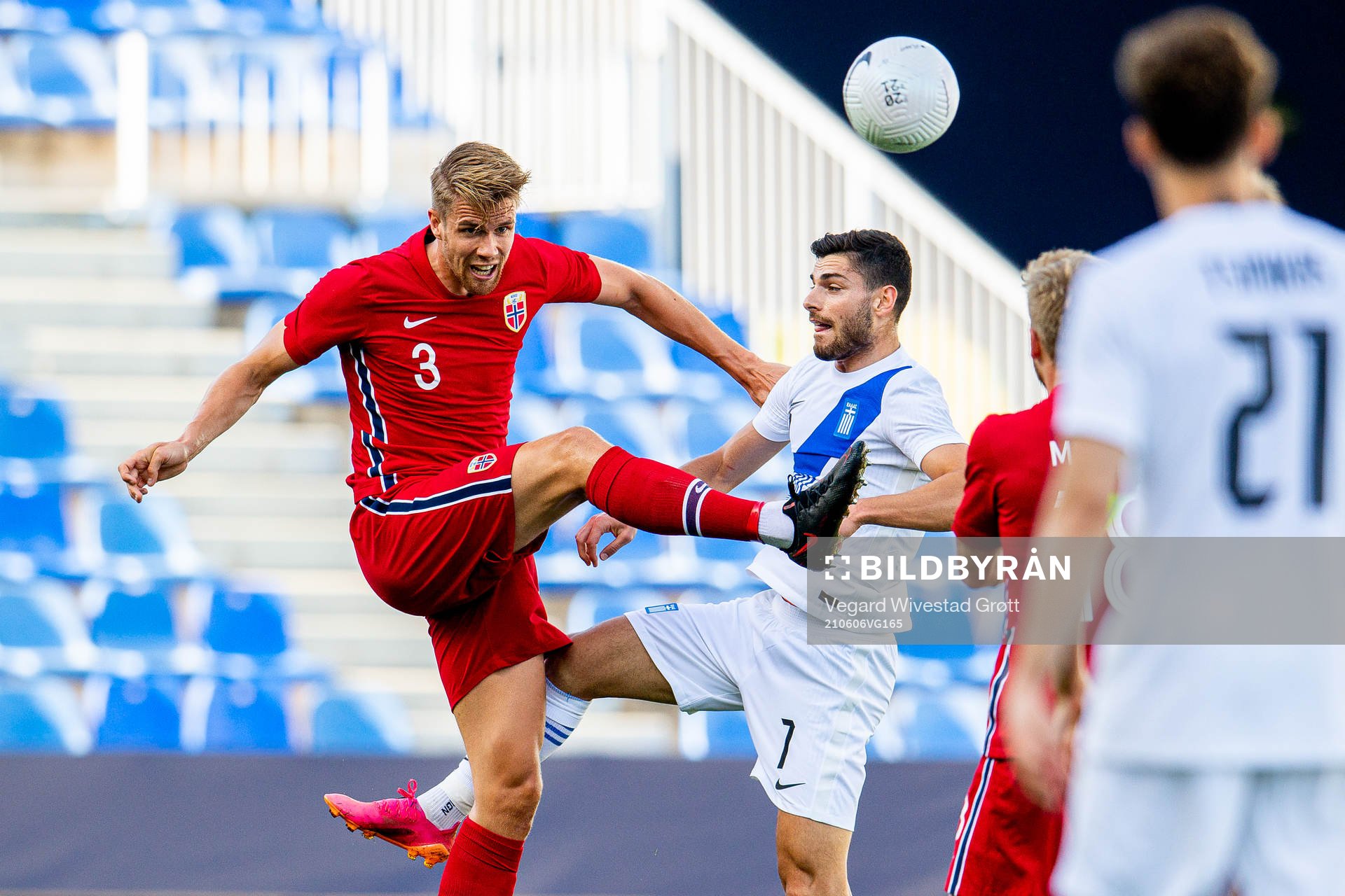 Kristoffer Ajer of Norway and Giorgos Masouras of Greece
