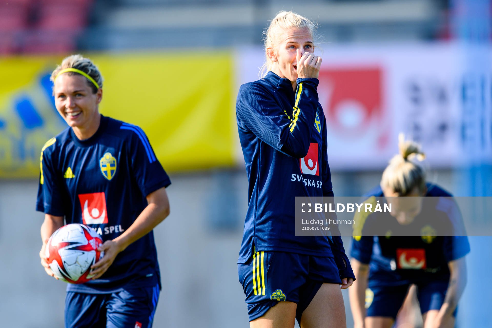 Goalkeeper Jennifer Falk and Sofia Jakobsson of the Swedish