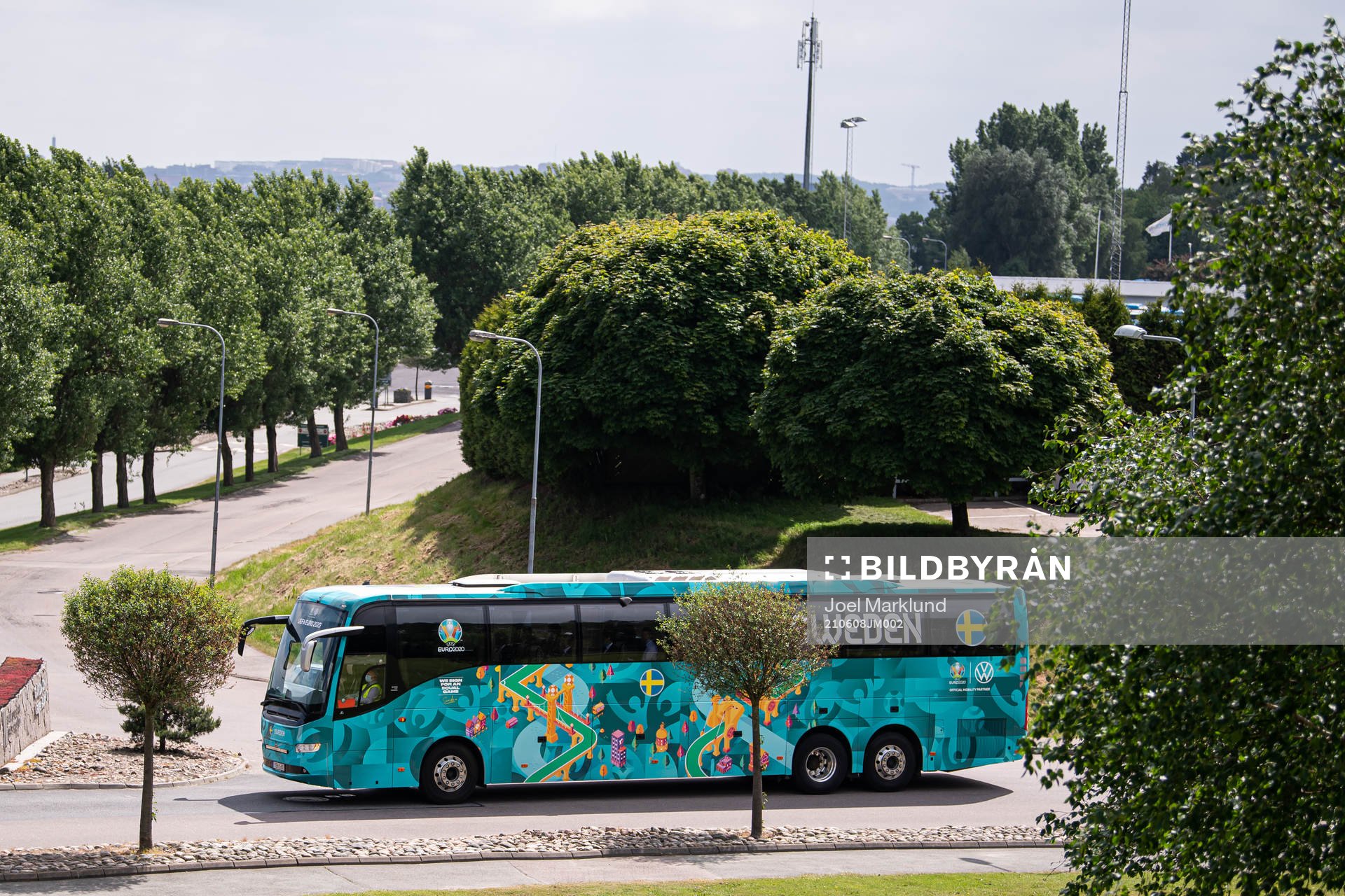 The team bus of the Swedish national football team approaching base camp Sankt Jörgen Park ahead of the UEFA Euro 2020 Football Championship on June 8, 2021 in Gothenburg.