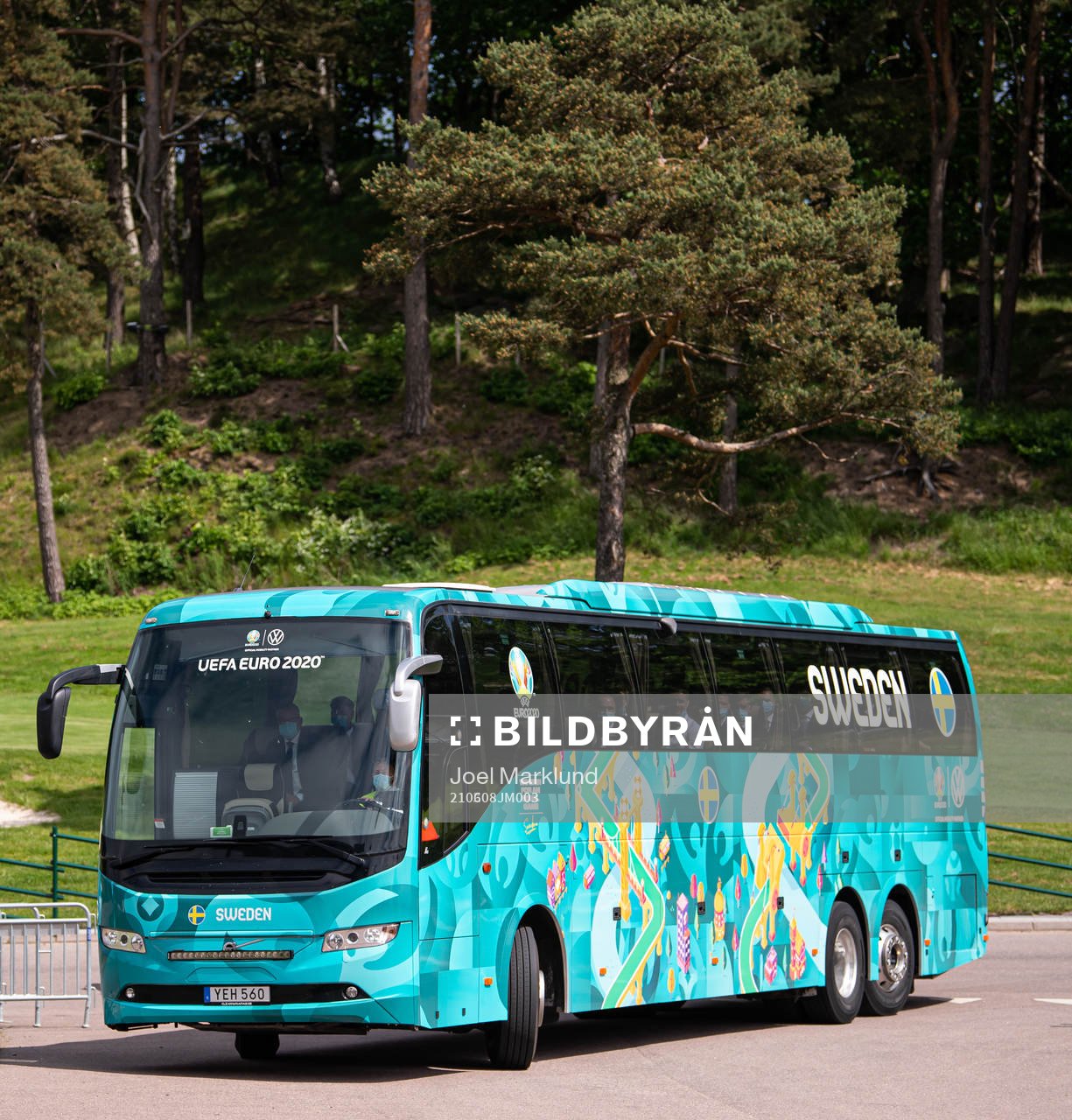 The team bus of the Swedish national football team approaching base camp Sankt Jörgen Park ahead of the UEFA Euro 2020 Football Championship on June 8, 2021 in Gothenburg.