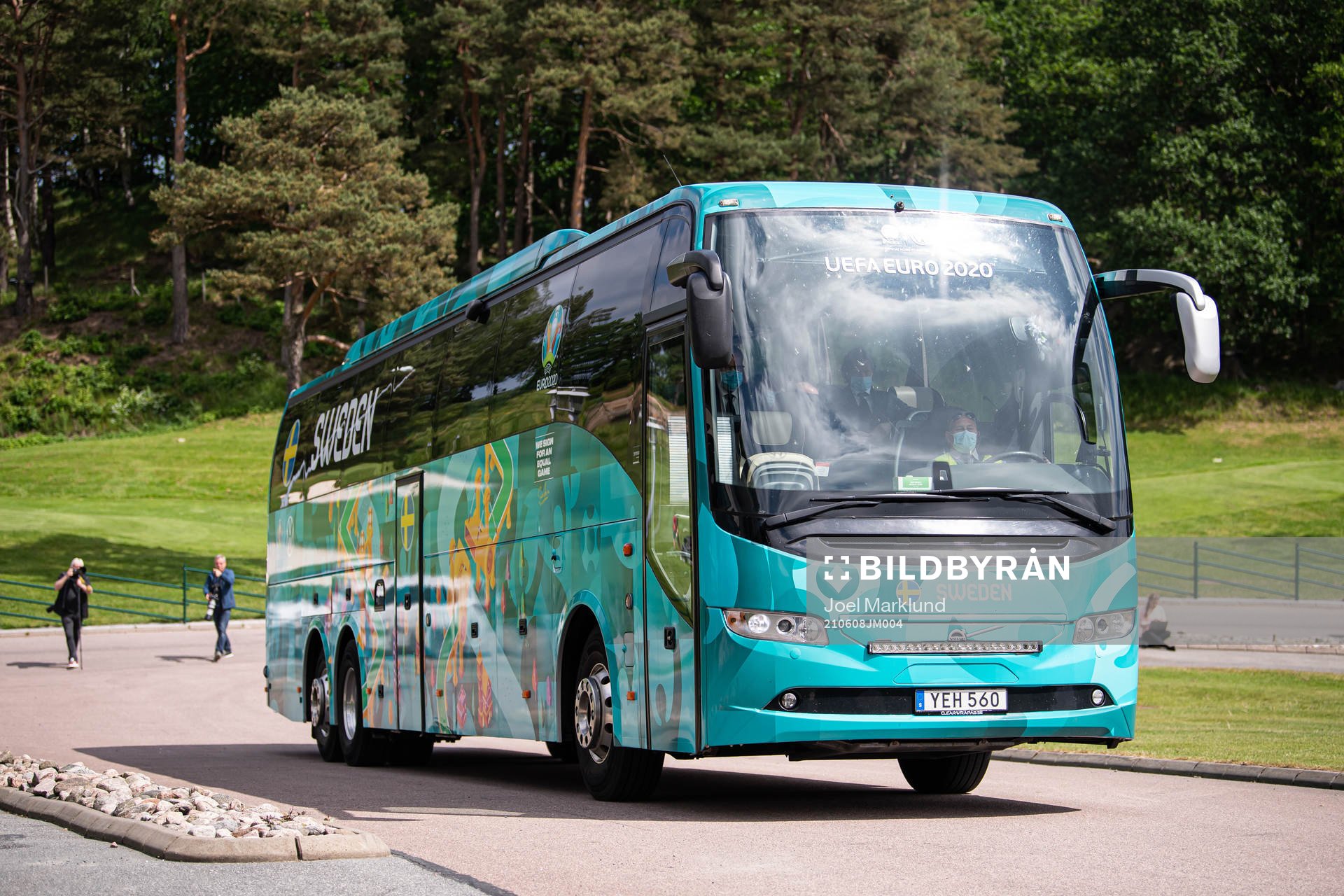 The team bus of the Swedish national football team approaching base camp Sankt Jörgen Park ahead of the UEFA Euro 2020 Football Championship on June 8, 2021 in Gothenburg.