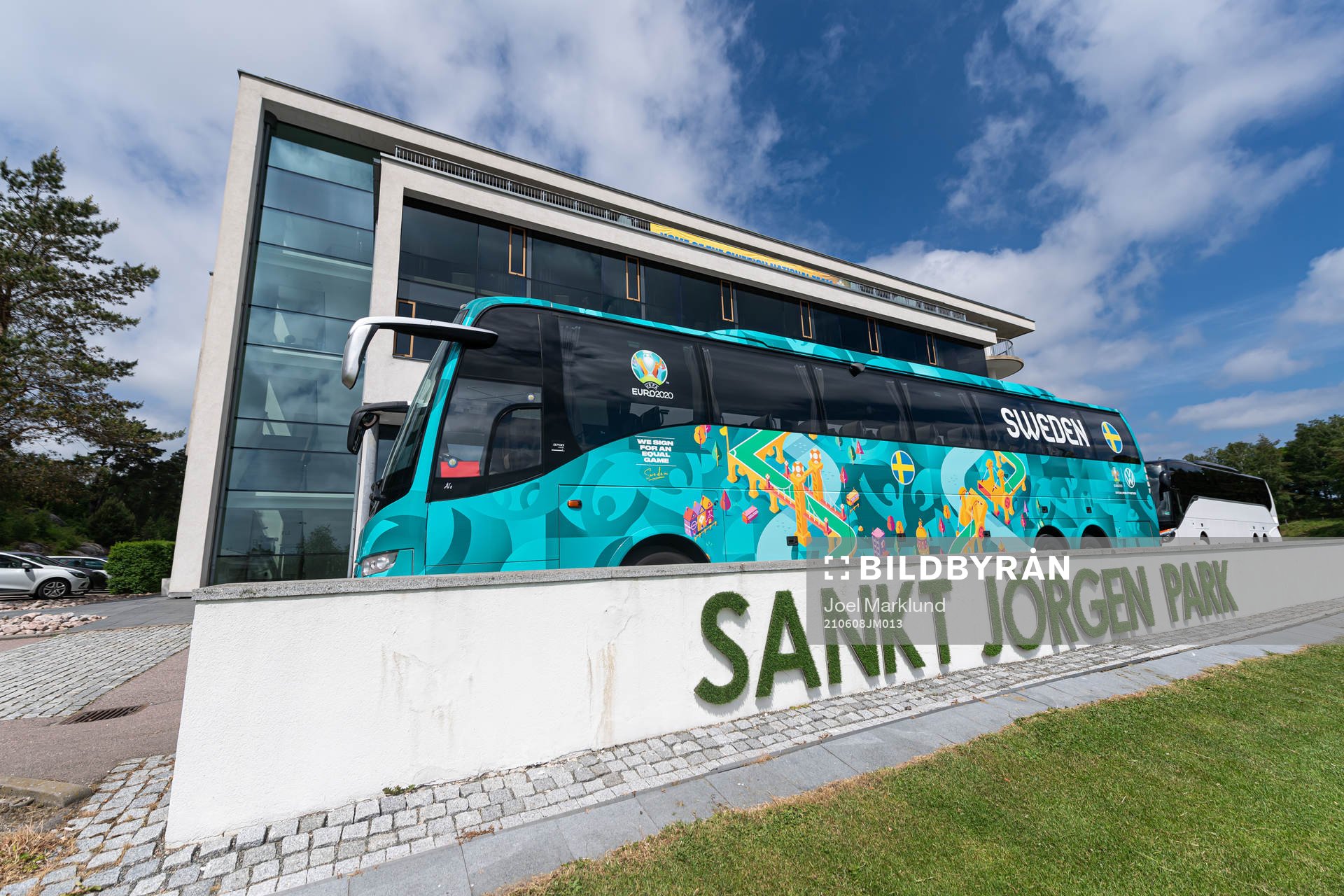 The team bus of Sweden in front of Sankt Jörgen Park Hotel, base camp for the Swedish national football team during the UEFA Euro 2020 Football Championship on June 8, 2021 in Gothenburg.