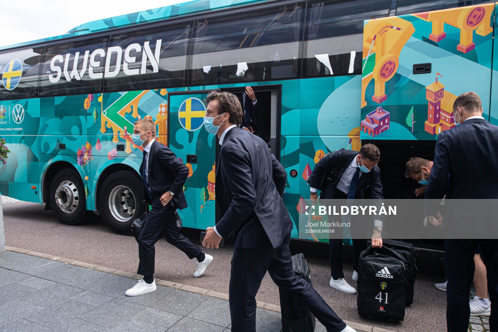 Sebastian Larsson, Gustav Svensson and Marcus Berg of the Swedish national football team arrive to base camp Sankt Jörgen Park ahead of the UEFA Euro 2020 Football Championship on June 8, 2021 in Gothenburg. 