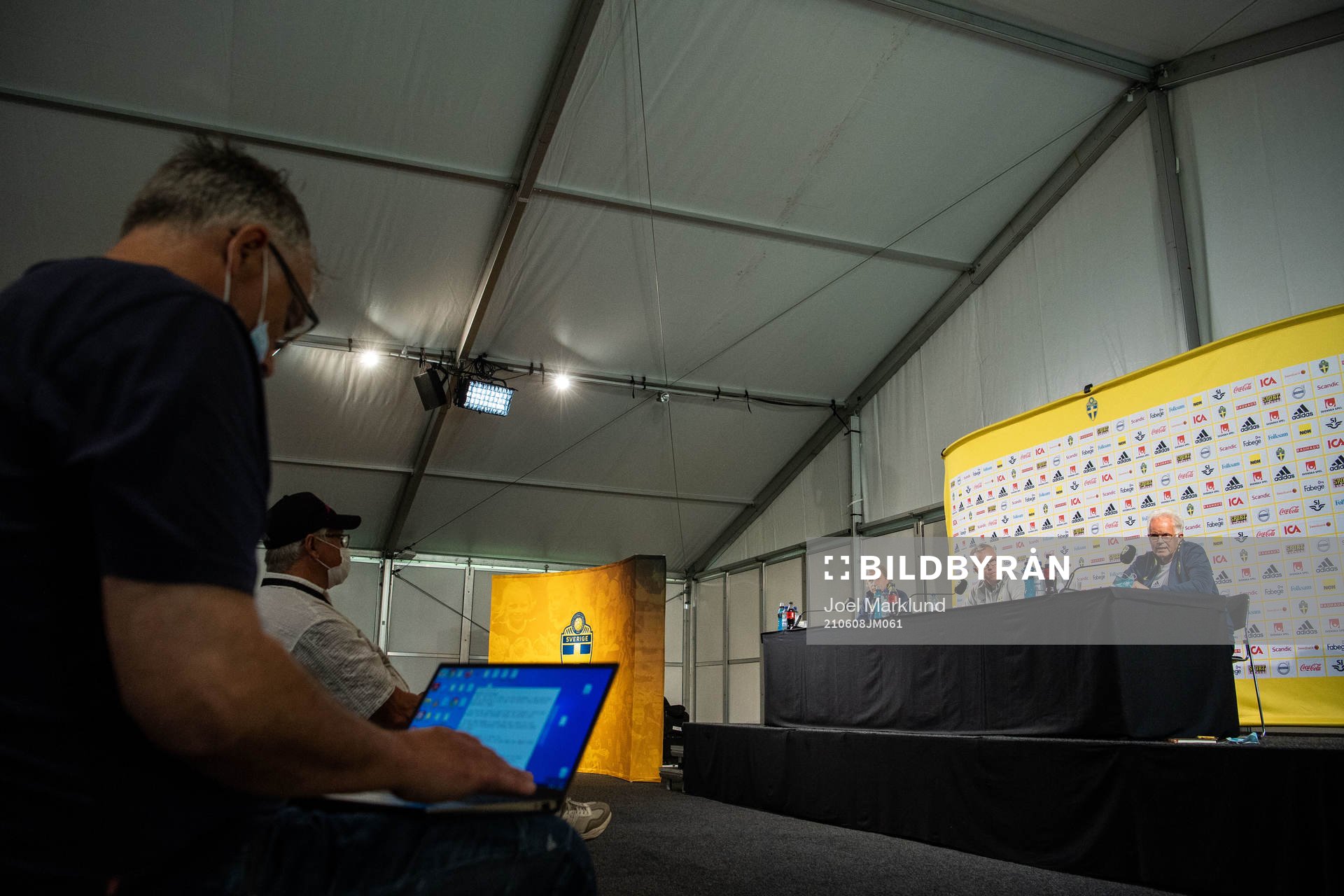 Team manager Stefan Pettersson, Janne Andersson, head coach and team doctor Anders Valentin of the Swedish national football team at a press conference ahead of the UEFA Euro 2020 Football Championship on June 8, 2021 in Gothenburg.