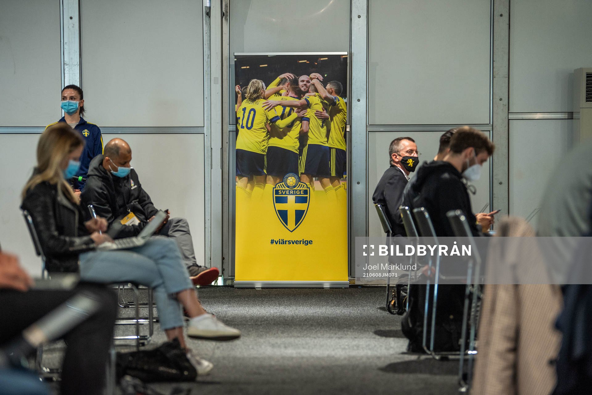 A banner of the Swedish national football team at a press