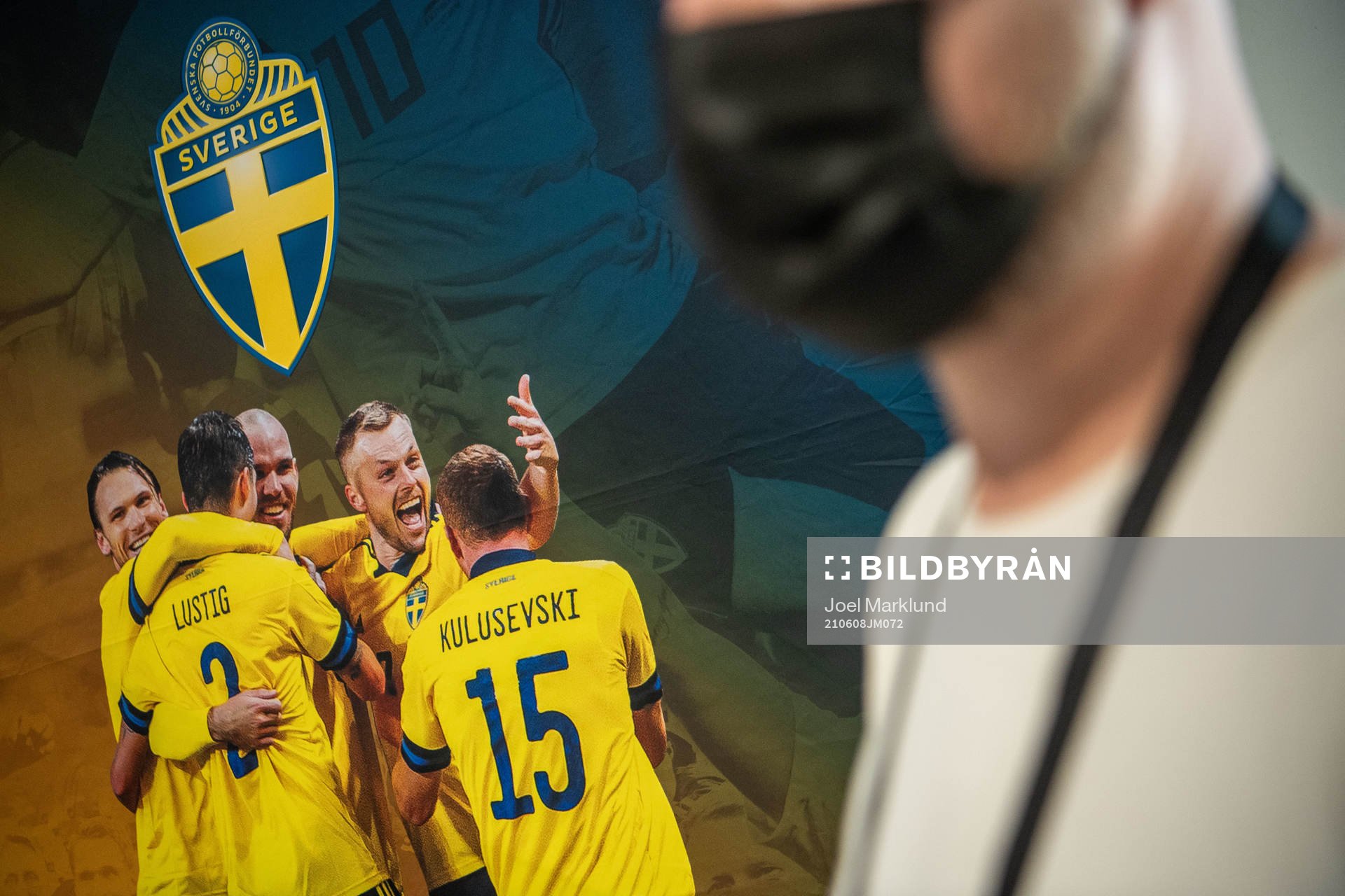 A banner of Dejan Kulusevski of the Swedish national football team and a face mask at a press conference ahead of the UEFA Euro 2020 Football Championship on June 8, 2021 in Gothenburg.