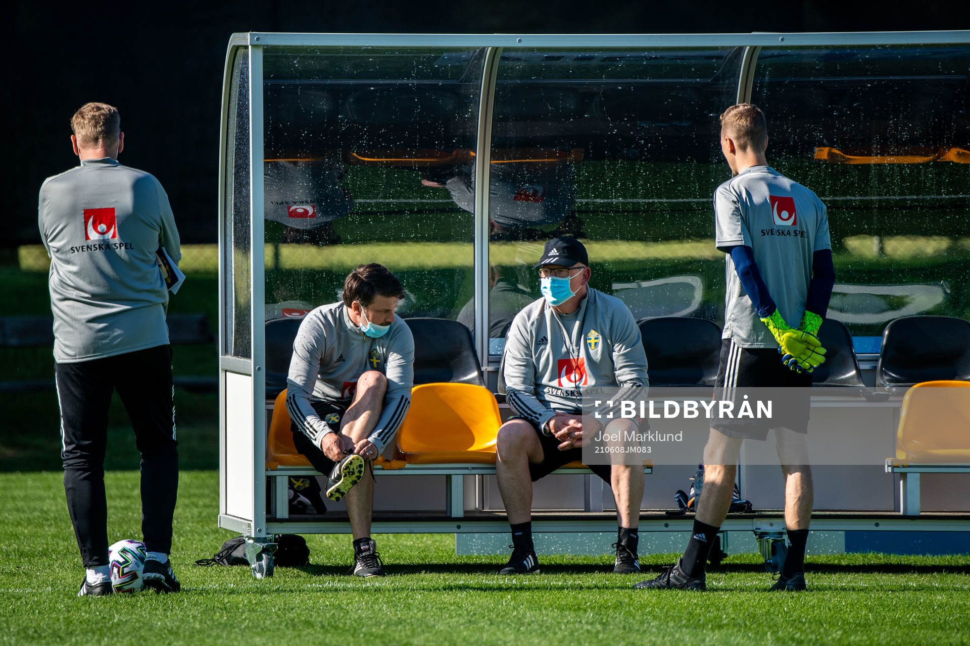 Assistant coach Peter Wettergren, sport psychologist Daniel Ekvall,  Janne Andersson, head coach, and goalkeeper coach Maths Elfvendal and  of the Swedish national football team at a training session ahead of the UEFA Euro 2020 Football Championship on June 8, 2021 in Gothenburg. 
