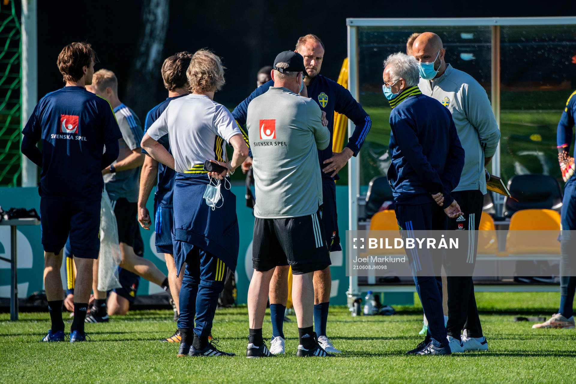 Albin Ekdal, team manager Stefan Pettersson, Andreas Granqvist , Janne Andersson, head coach, team doctor Anders Valentin and press officer Jakob Kakembo Andersson of the Swedish national football team at a training session ahead of the UEFA Euro 2020 Football Championship on June 8, 2021 in Gothenburg.