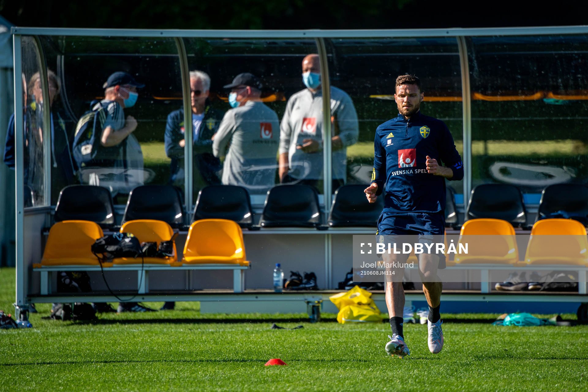 Marcus Berg of Sweden in the front and Janne Andersson, head coach and team doctor Anders Valentin of the Swedish national football team in the back at a training session ahead of the UEFA Euro 2020 Football Championship on June 8, 2021 in Gothenburg.